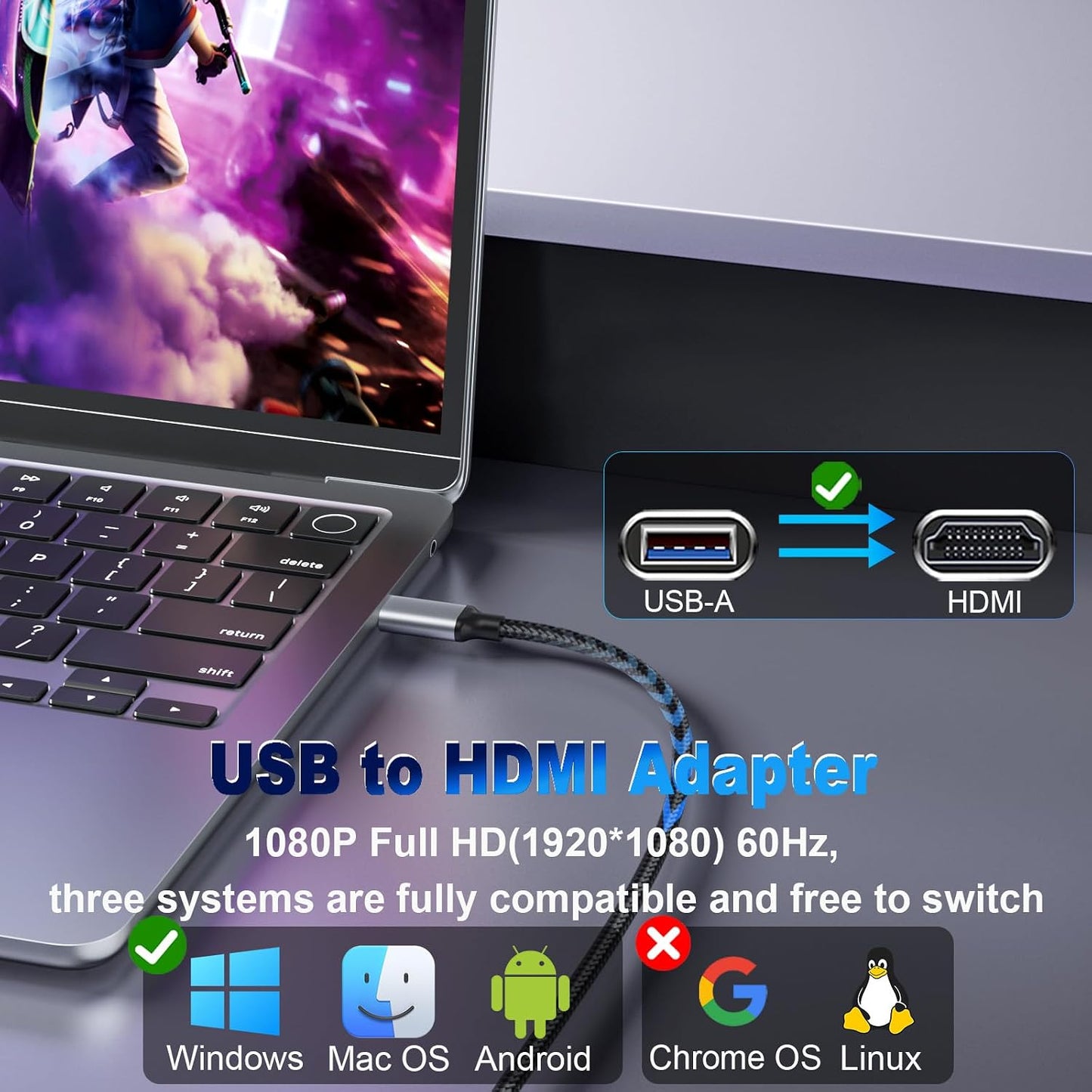 THANDBLE 3FT, 1080P 60Hz 3.0 7/8/10/11 USB to HDMI Adapter Cable USB A to Audio/Video Converter Cable for Monitor, TV