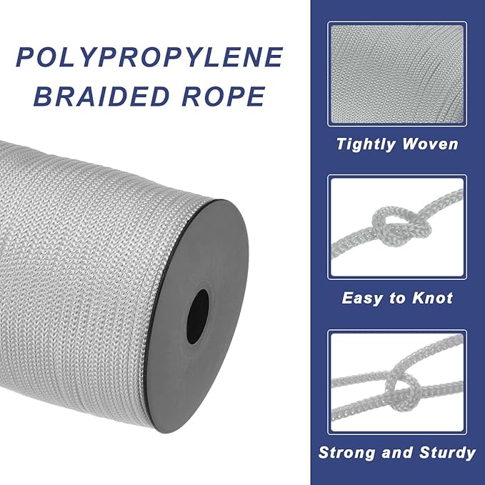 MECCANIXITY 5/32 Inch Polypropylene Rope Braided Ropes, 328ft Camping Rope Hollow Utility Cord for Clothesline, Hiking, Outdoor, Light Grey