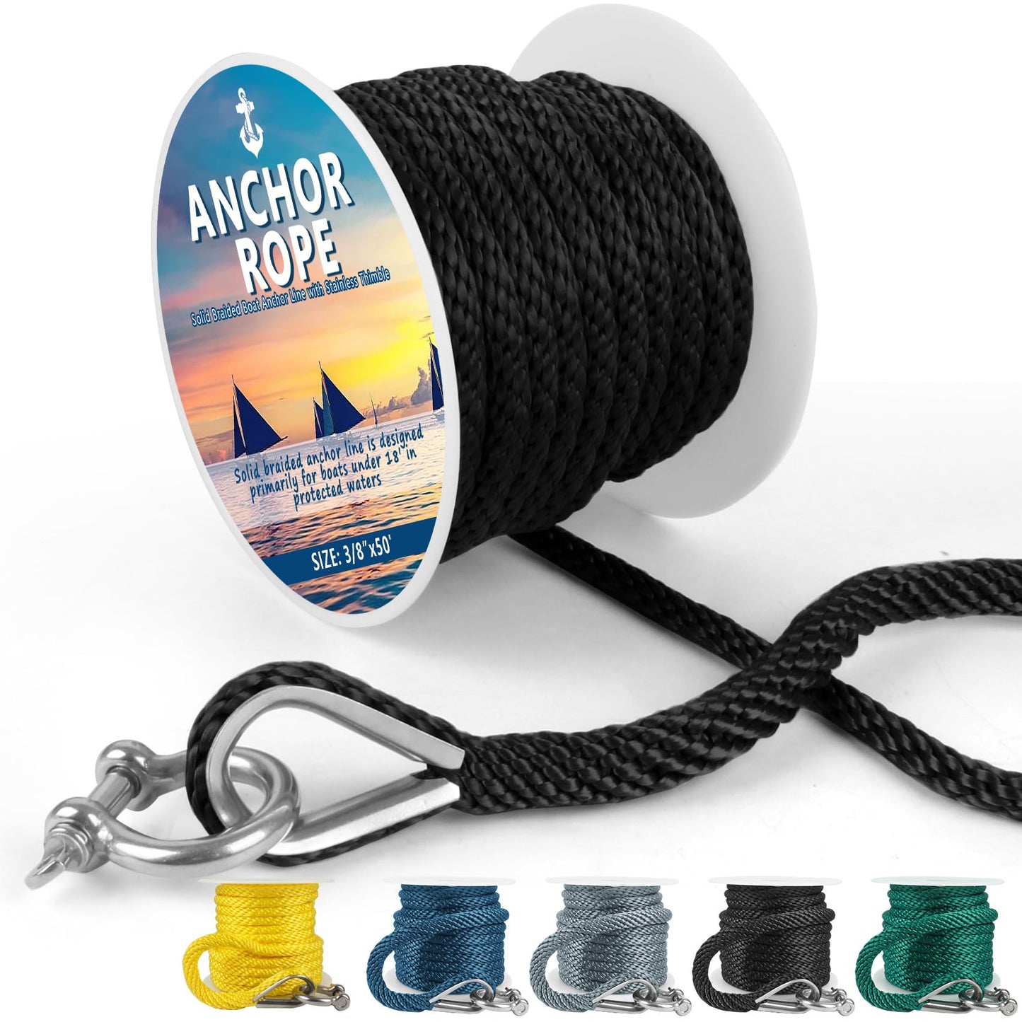 Anchor Rope 50 Ft X 3/8 Inch, Premium Solid Braid MFP Anchor Line, Boat Anchor Rope with Stainless Steel Thimble and Shackle (Black)