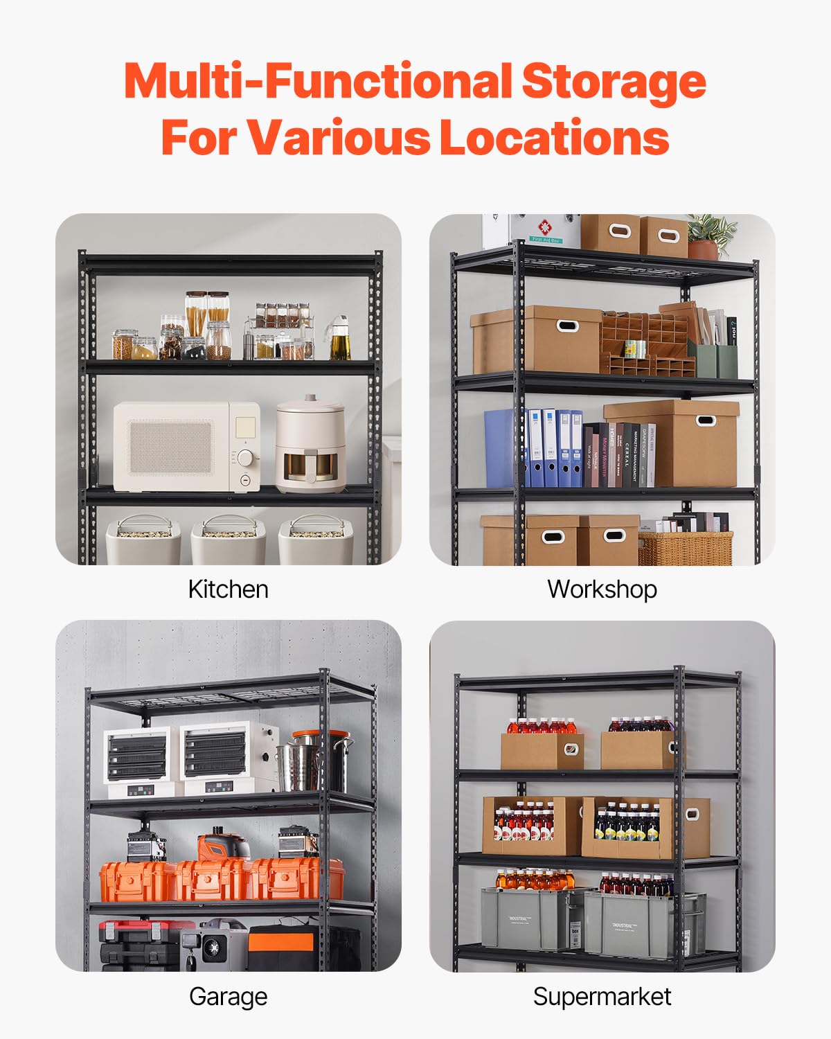 VEVOR Storage Shelves, 3000 lbs, 5 Tier Heavy Duty Garage Shelving, 24" D x 48" W x 72" H Adjustable Metal Shelves for Industrial Shelving Unit Utility Shelf, for Kitchen, Warehouse, Basement, Black