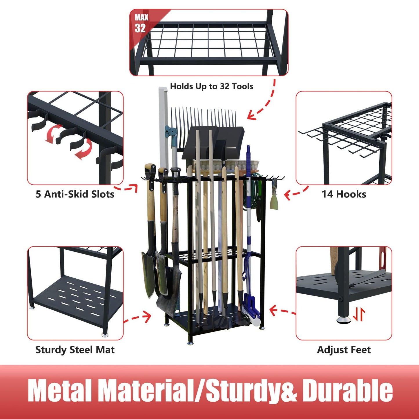 Faesun Garden Tool Organizer, 3-Tier Metal Yard Tool Rack with 14 Hooks & 5 Slots, Holds 50+ Rakes/Shovels/Brooms, Heavy Duty Freestanding Lawn Tool Storage for Garage Shed Outdoor Organization