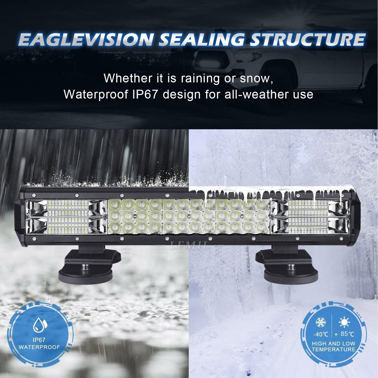 LEMIL LED Light Bar 18'' 252W Magnetic Light Triple Row Lights Cigarette Lighter Plug Flood Spot Combo Beam 12V Work Light High Power Wire Harness Kit Fog Driving Light Offroad Truck 4x4 Pickup ATV
