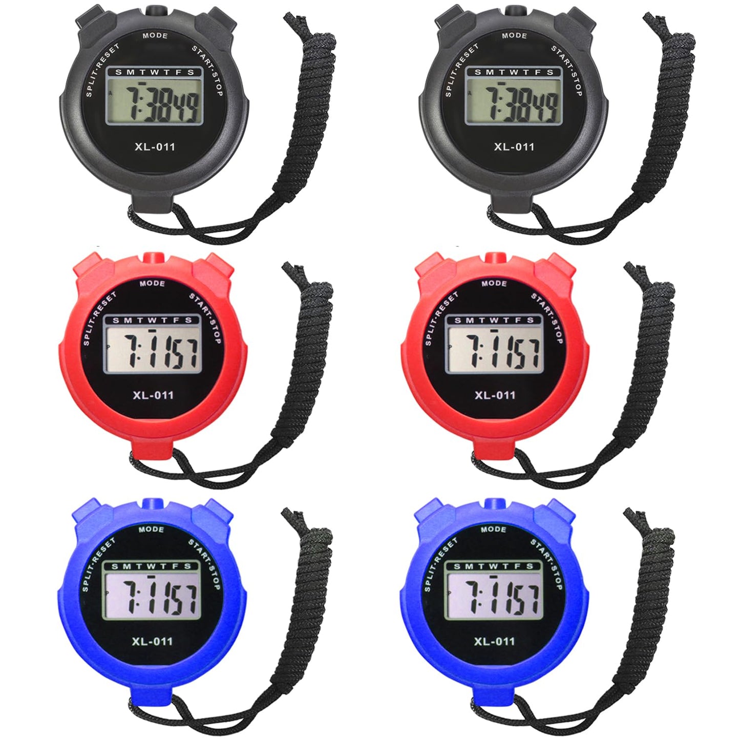 6-Pack Multi-Function Electronic Digital Sport Stopwatch Timer, Large Display with Date Time and Alarm Function, Sports Coaches Fitness Coaches and Referees (Blue+Red+Black)