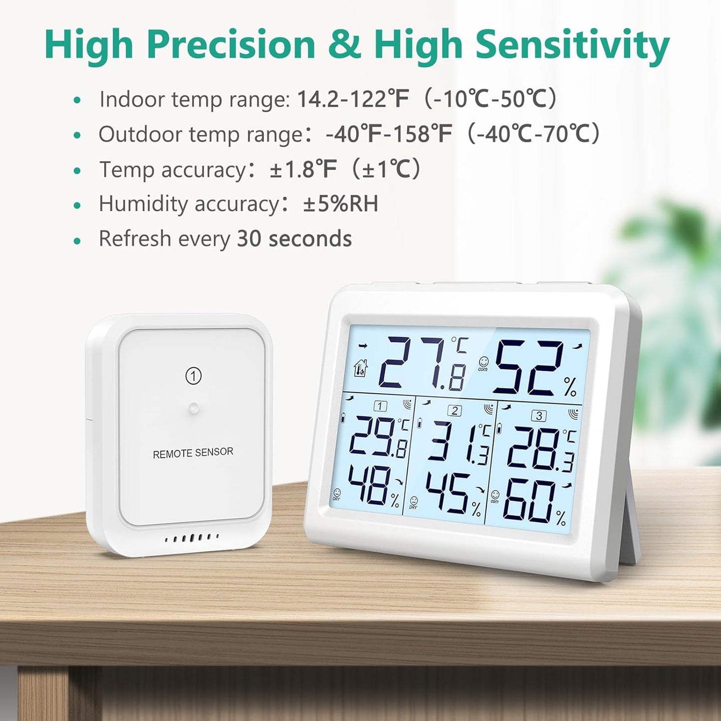 ORIA Digital Indoor Outdoor Thermometer - Wireless Temperature & Humidity Gauge with 3 Sensors | LCD Backlight, White