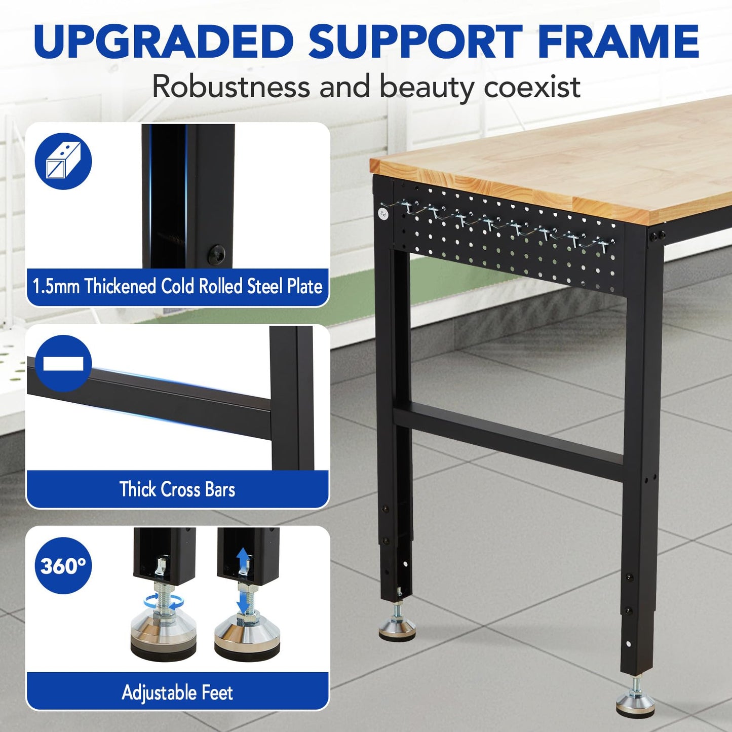48"x20"Adjustable Workbench, 2000 Lbs Capacity, Heavy-Duty Garage Worktable with Built-in Power Outlet for Home, Office & Workshop, Adjustable Height 29.5"-38.4"