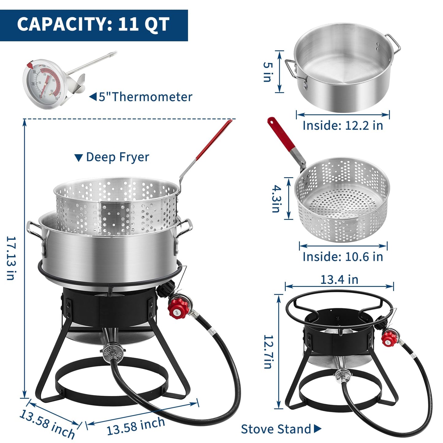 dainslef 11QT Outdoor Fish Fryer Pot with 6.7QT Strainer Basket, 58,000 BTU Aluminum Propane Deep Fryer Pot for Seafood & Fries, Portable Camping/Backyard Outdoor Cooking