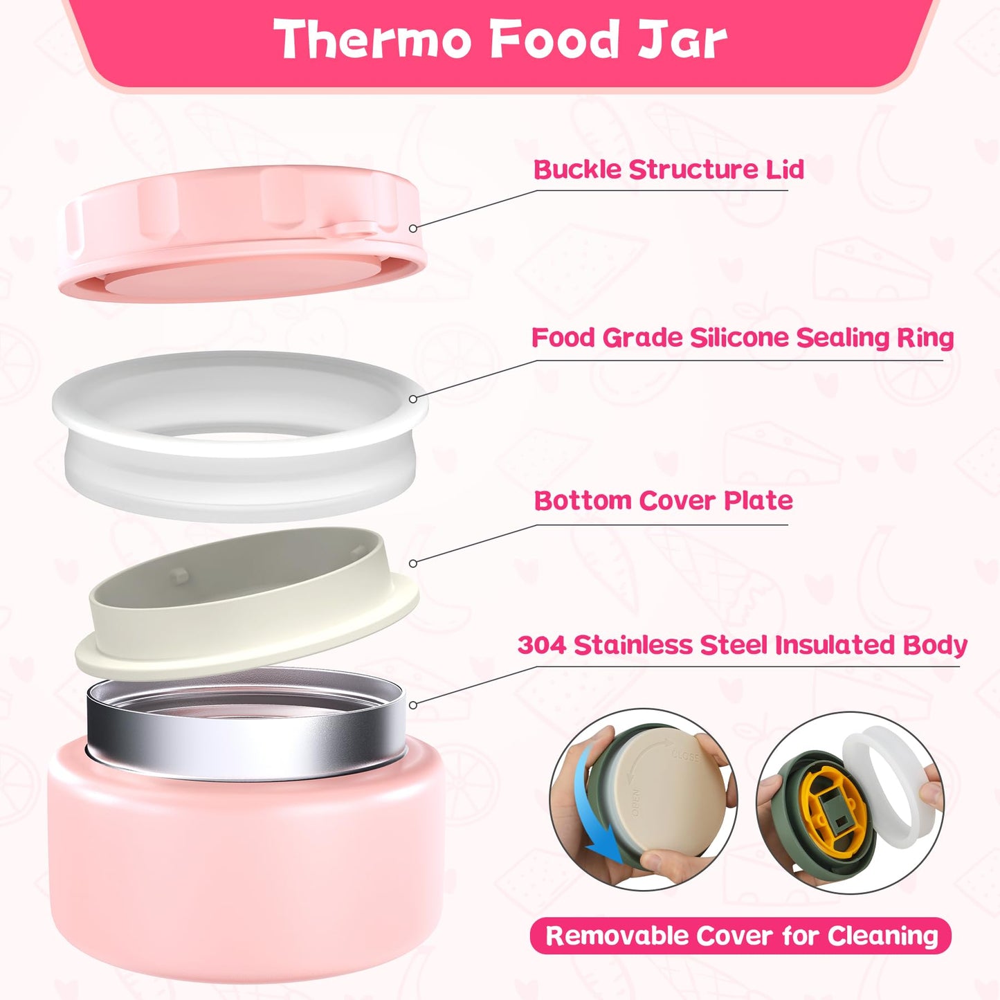 Aimsnk Kids Bento Lunch Box with 8oz Soup Thermo, Kids Leakproof Lunch Food Containers with 4 Compartment,Insulated Hot Food Jar with Lunch Bag for School, Travel (Pink)