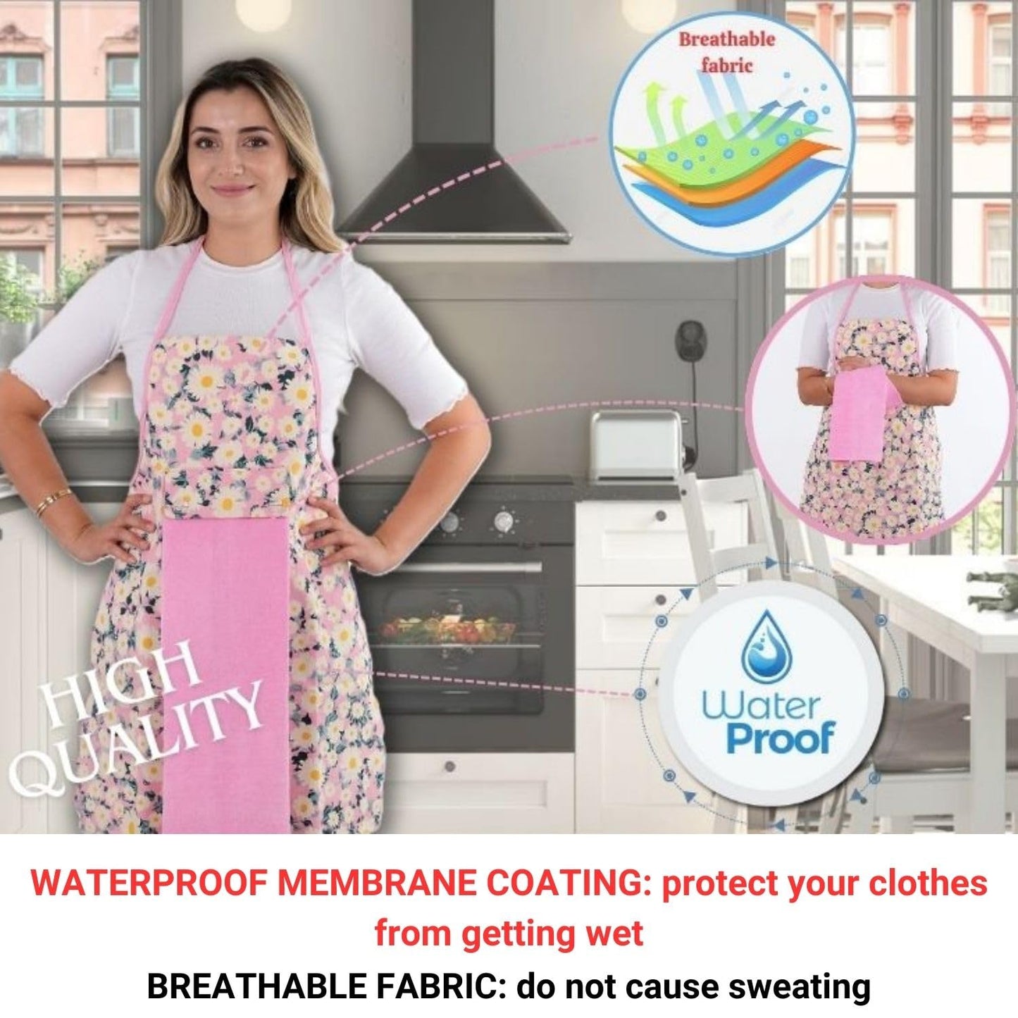 OceanSSH Floral Kitchen Apron and Oven Mitt Set-(4 pieces); Multicolor Waterproof Apron - Oven Mitt - Pot Holder - Hand Towel (pink)