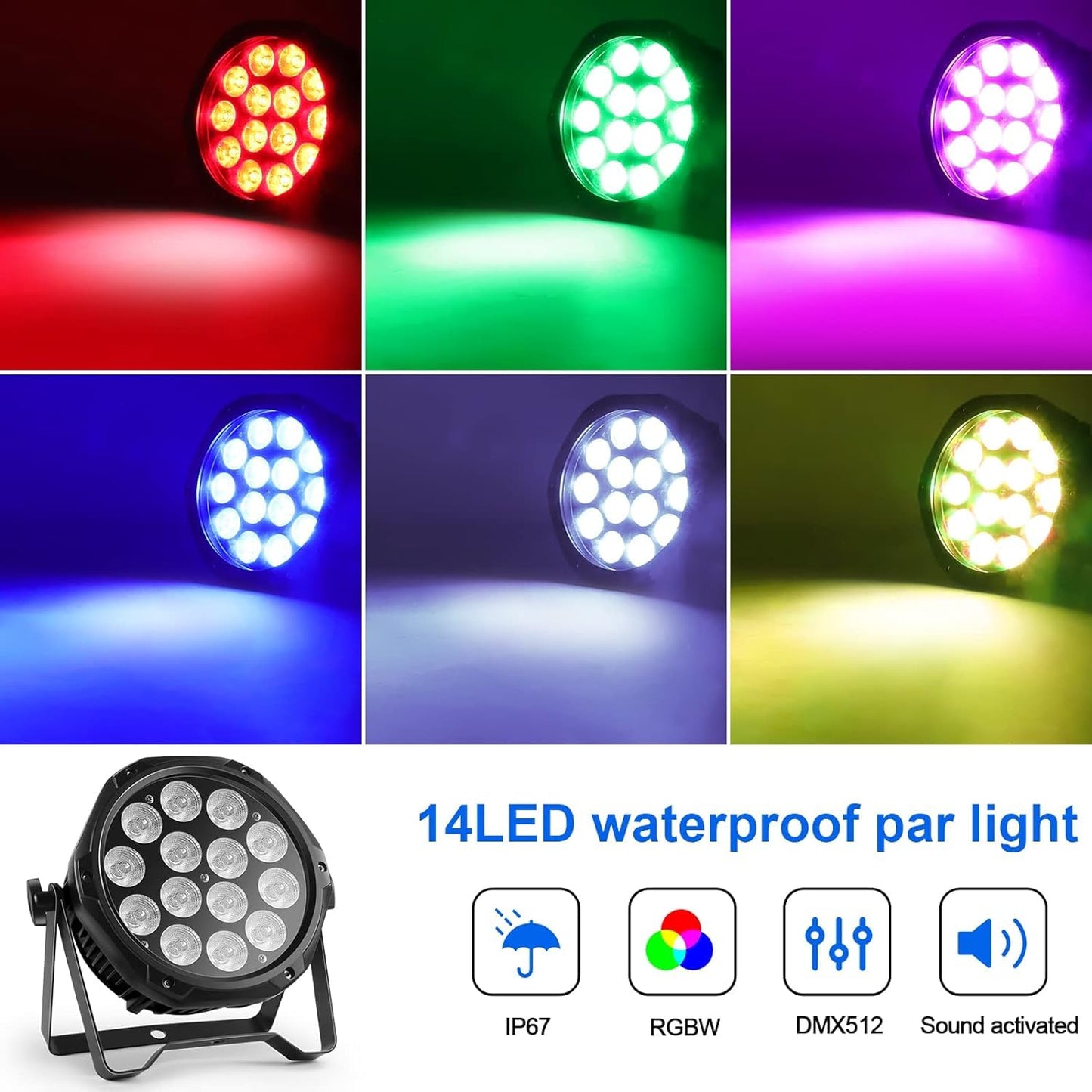 14LED Par Lights, Outdoor Waterproof Par Can Light, RGBW 4in1 Stage Light, 210W DMX Control Wash Uplight Strobe Effect for Events, Stage, Wedding, Church, Party, Garden, Building (4 Packs)