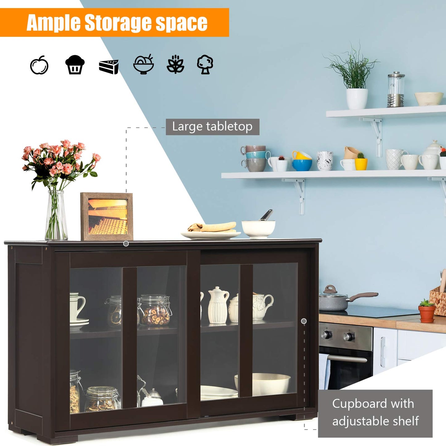 Byroce Sideboard Buffet Cabinet, Stackable Storage Coffee Bar Cabinet with Adjustable Shelf & Glass Sliding Doors, Wood Cupboard Credenza Console Table for Kitchen Dining Living Room (1, Coffee)