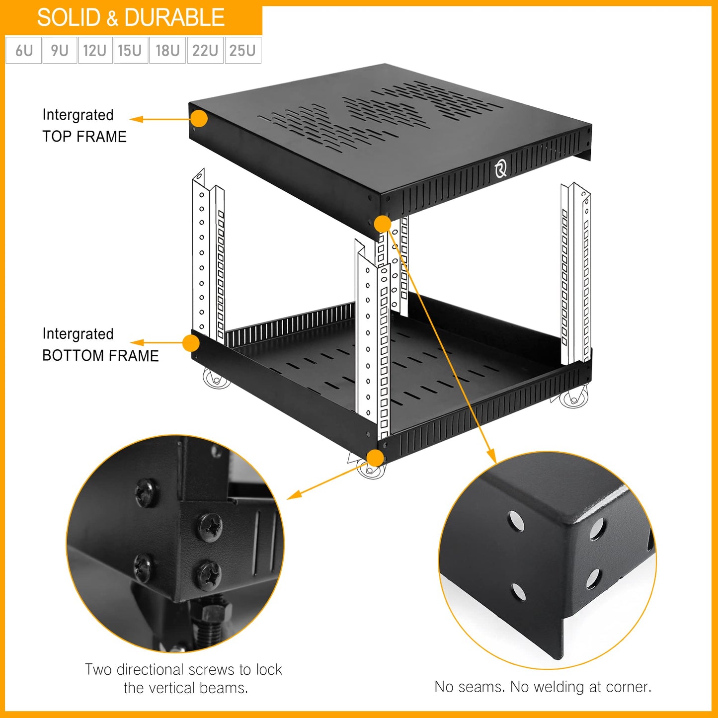 RIVECO 22U Network Rack with Reinforced Top & Bottom Vented Plates - 4 Rolling Wheels Floor Standing for 19" Equipment & Stereo Gear - Including 2PCS Shelves & Rail Mount PDU