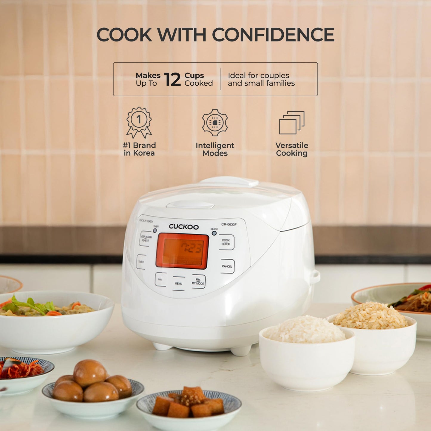 CUCKOO Micom Rice Cooker 6 Cup Uncooked / 12 Cup Cooked, Korean Fuzzy Logic Rice Cooker with Delay Timer & Keep Warm Setting, Versatile Food Steamer with Non-Stick Inner Pot, White (CR-0633F)