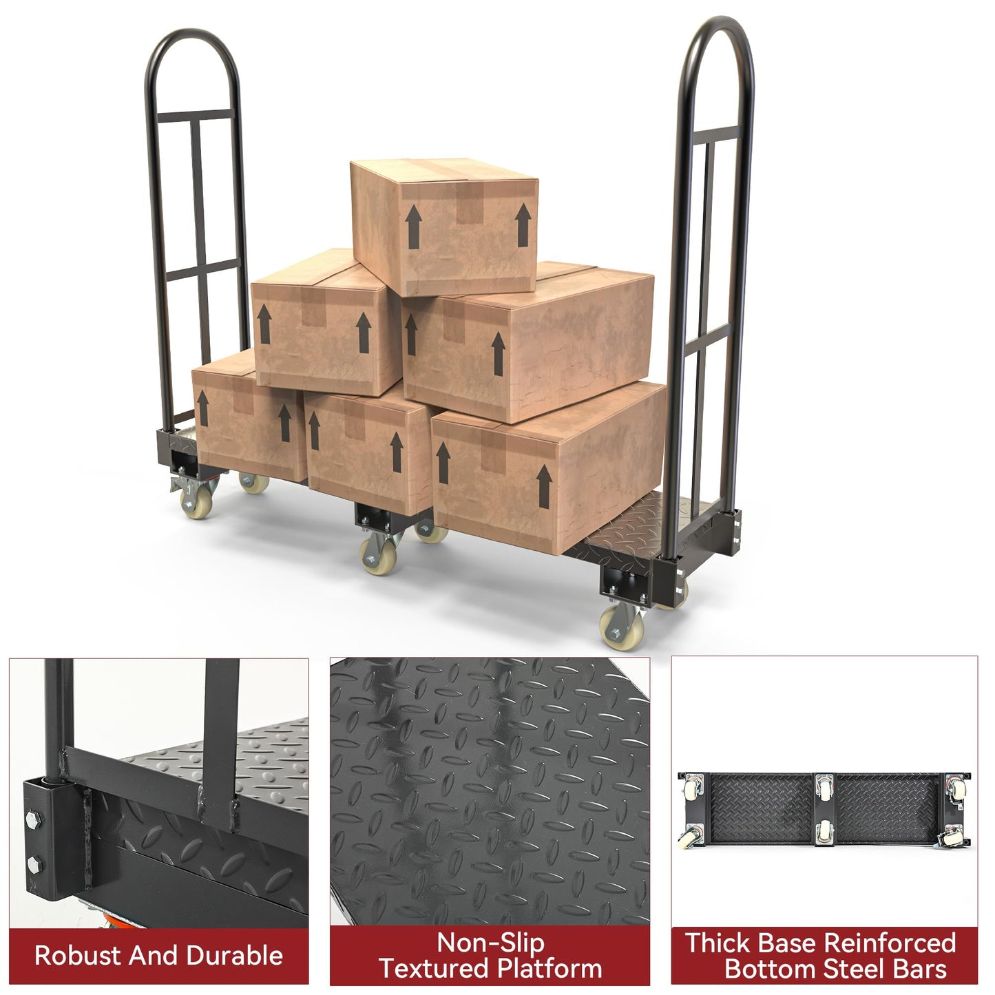 YITAMOTOR Heavy Duty Narrow Aisle U-Boat Platform Truck Dolly, 60.2 x 15.7 x 60.6 Inch U-Boat Cart with Thick Steel Deck 2000 Lb. Capacity with 6 Casters(2 Swivel Wheels with Brake)