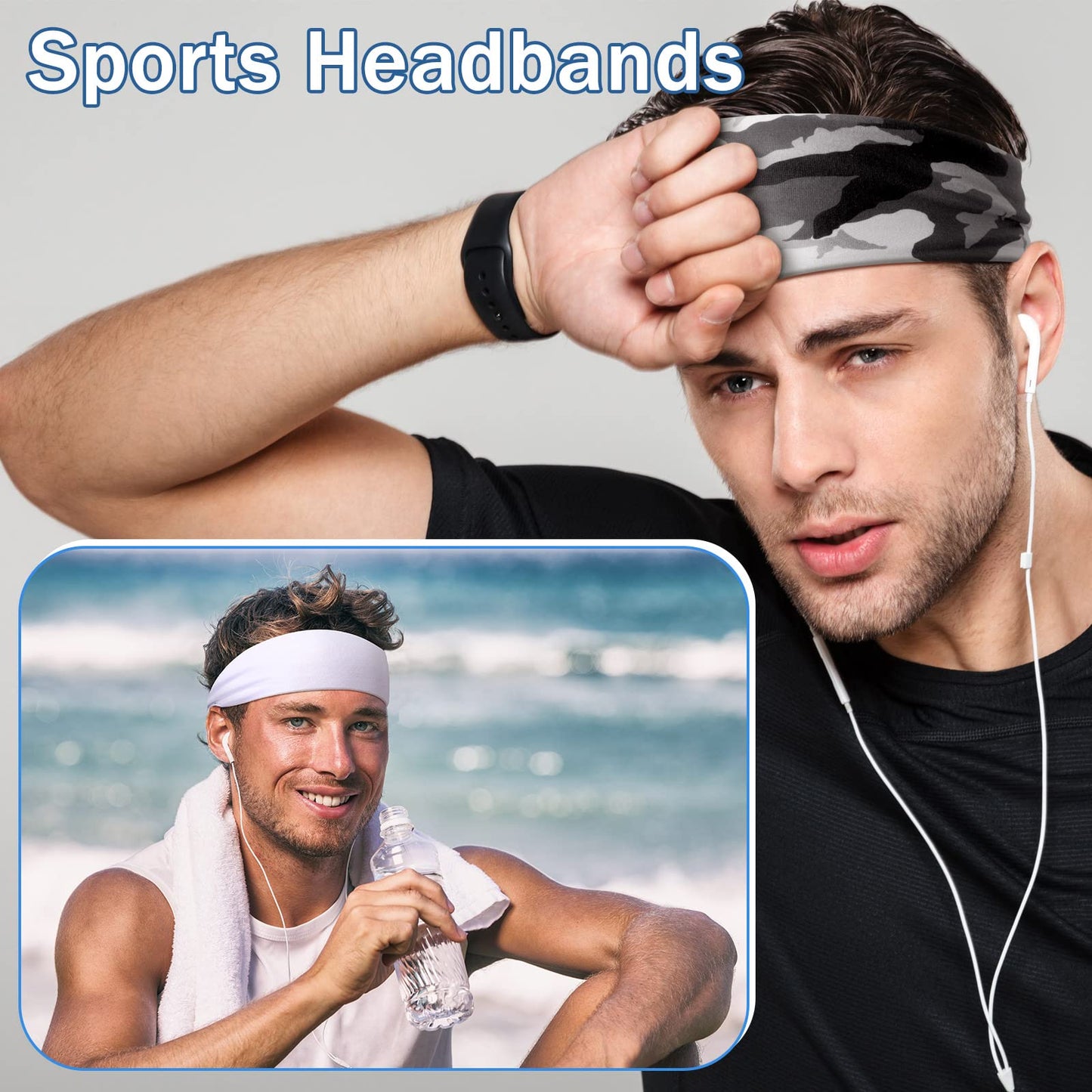 Men's Sweatbands for Workout and Sports: Camo Headband, Sweat-Absorbing Wide Headband for Basketball, Football, Cycling, Running, Yoga - 4.7 x 9.8 Inch (Delicate Style)