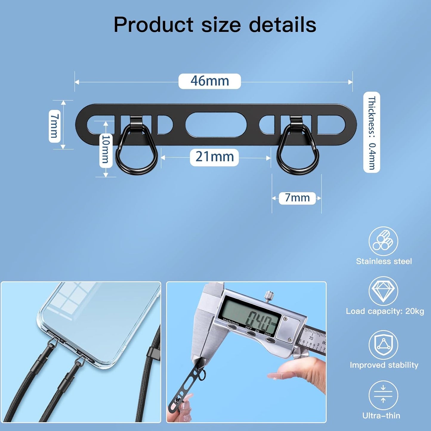 2 Pack 2 Metal Phone Tether Tabs for iPhone - Stainless Steel Phone Lanyard Patch with rings
