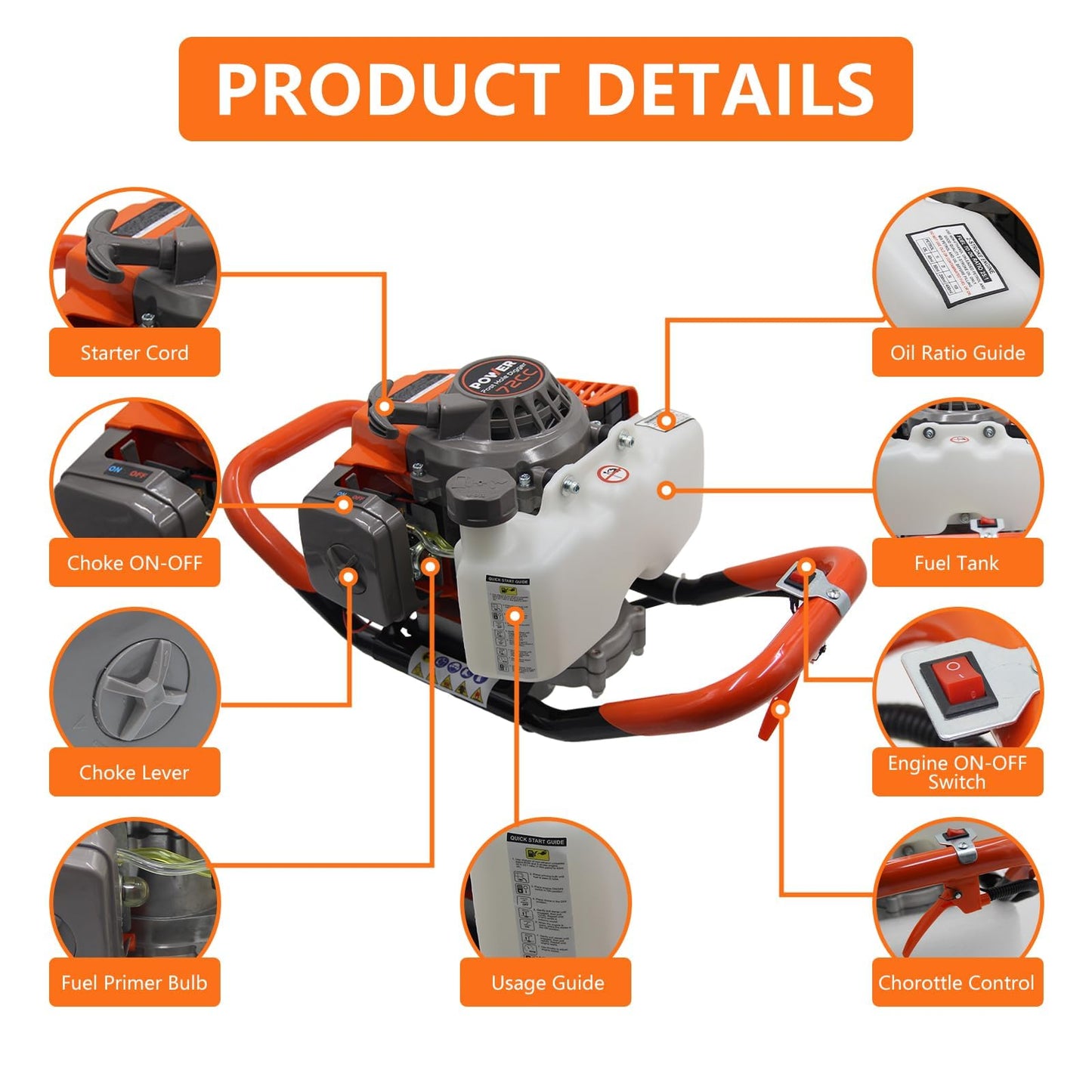 72CC 2-Stroke Gas Powered Post Hole Digger with 6" & 8" Auger Bits + Extension Rod - Heavy-Duty Earth Auger for Farm, Garden, Landscaping (Orange) (72CC + Auger(6" & 8"))