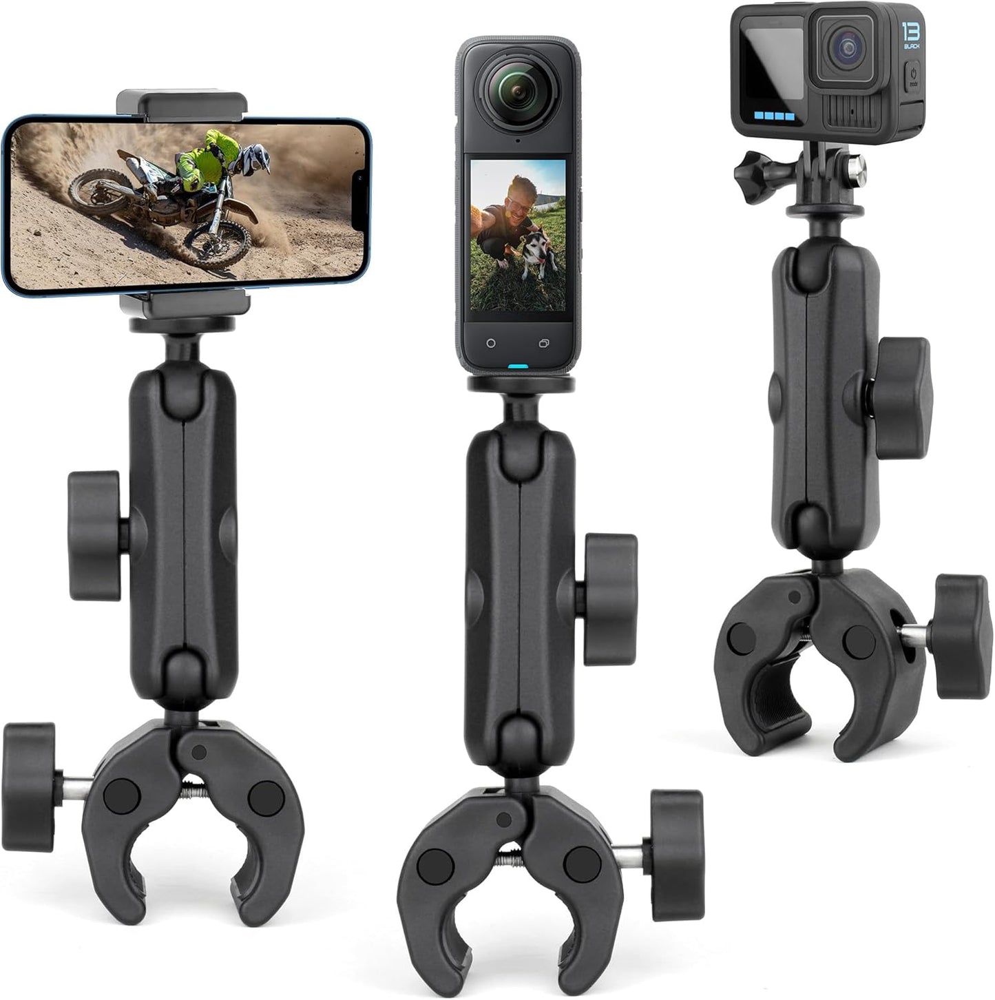 SOONSUN 360 13 12 11 10 9, Insta360, Super Clamp Mount with Dual Ball Heads & Phone Holder, Heavy-Duty Camera Clamp