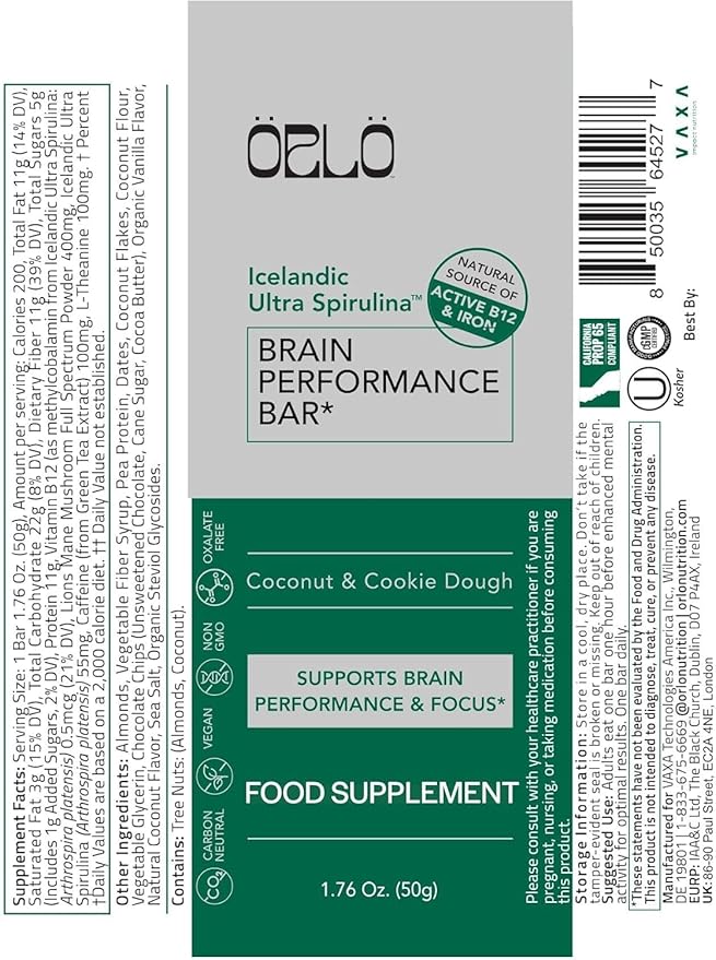 ORLO BRAIN PERFORMANCE BAR ??Vegan Protein Bars for Brain & Energy Support ??Focus & Memory, Pre & Post Workout Recovery ??Gluten Free Snack with L-Theanine, Lions Mane, Spirulina & More (12 Bars)