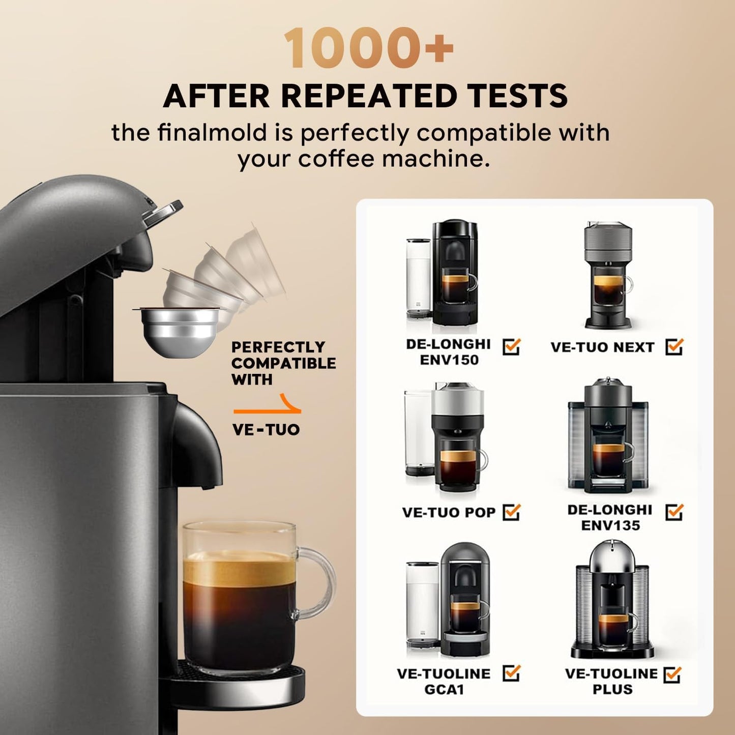 Skiennix Stainless Steel Reusable Coffee Pods - Compatible with Nespresso Vertuo | 4 Barcode Stickers & Silicone Lid (230ML)