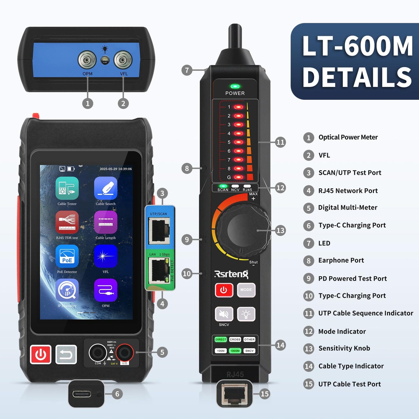 Multifunction Network Caber Tester,UTP Ethernet Cable Tester,Cable Tracer,4" IPS Touch Screen Network Tester Support DMM,OPM,Network Tools,POE++ Detect,RJ45 TDR,Length,FTP,NCV,IP/LLDP/CDP/PD/PPPOE