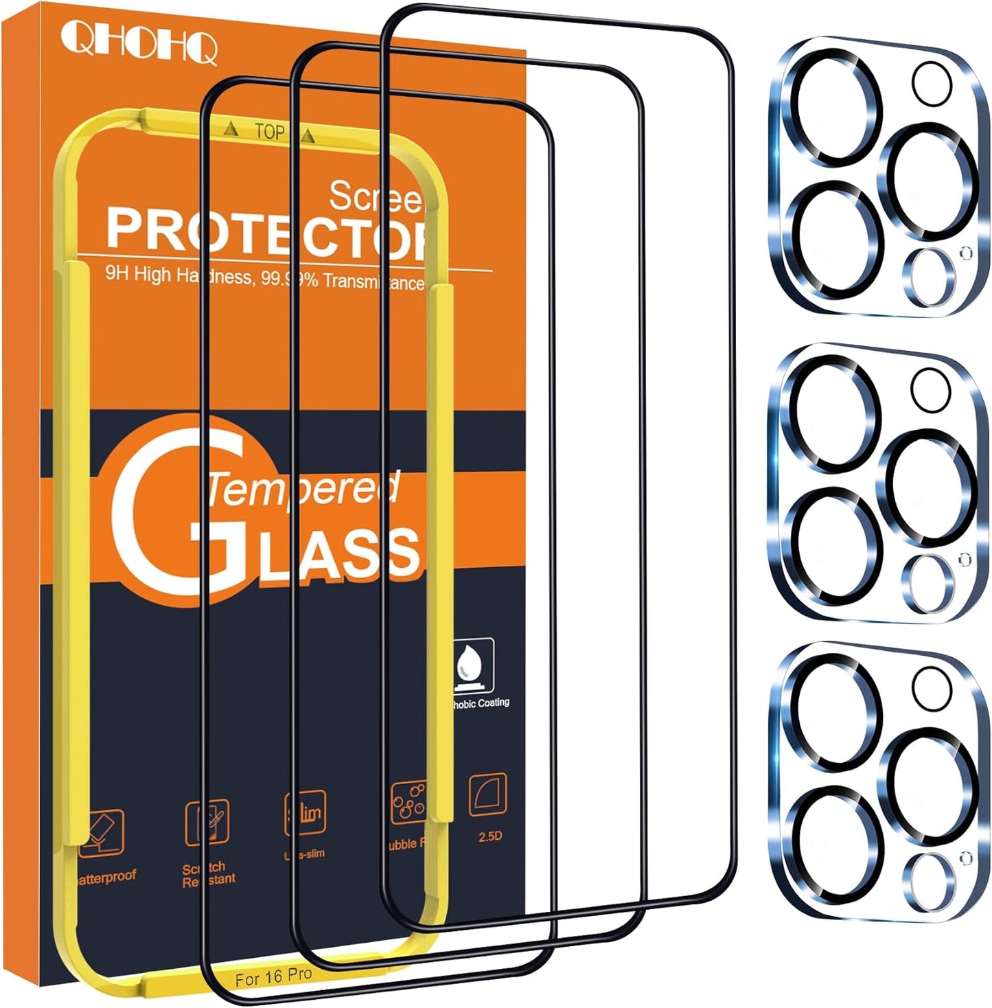 16 9H+ [3+3 Pack] QHOHQ for iPhone Pro Screen Protector with Camera Lens Protector, [Military Grade Shatterproof], Top