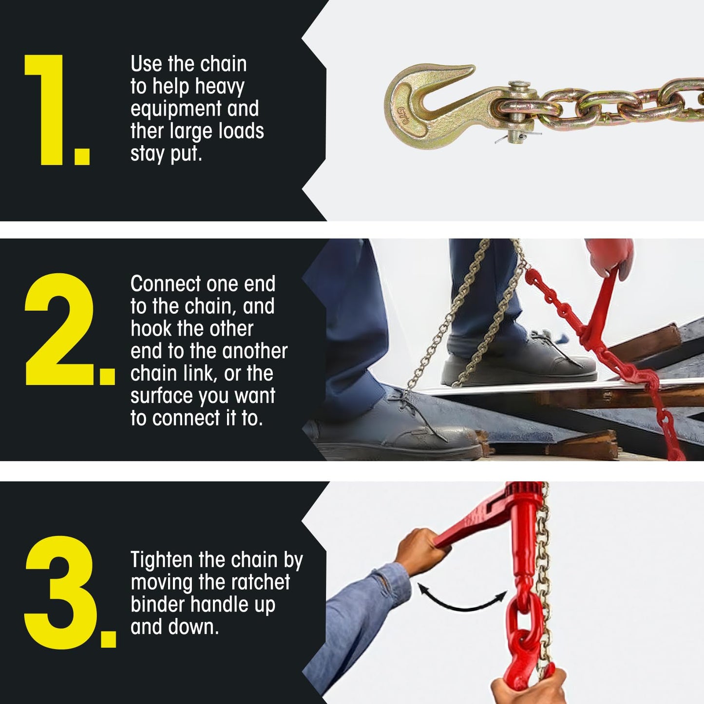 Elevango 3/8-1/2in Chain & Binder Kit, 8818lbs Strength, G80 Chains for Truck, Tie Down, Hauling, Towing