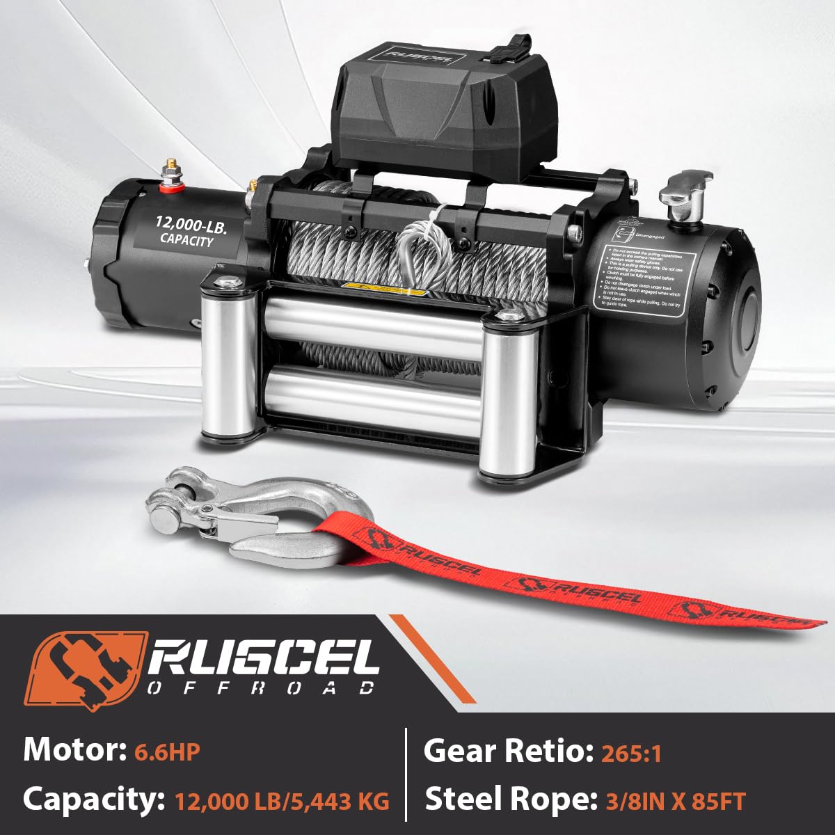 RUGCEL 12000lb Waterproof Electric Winch – 12V Steel Rope (85ft) with Roller Fairlead, IP67 Rated, 2 Infrared Remotes + Wired Handle, for Truck & Wrangler