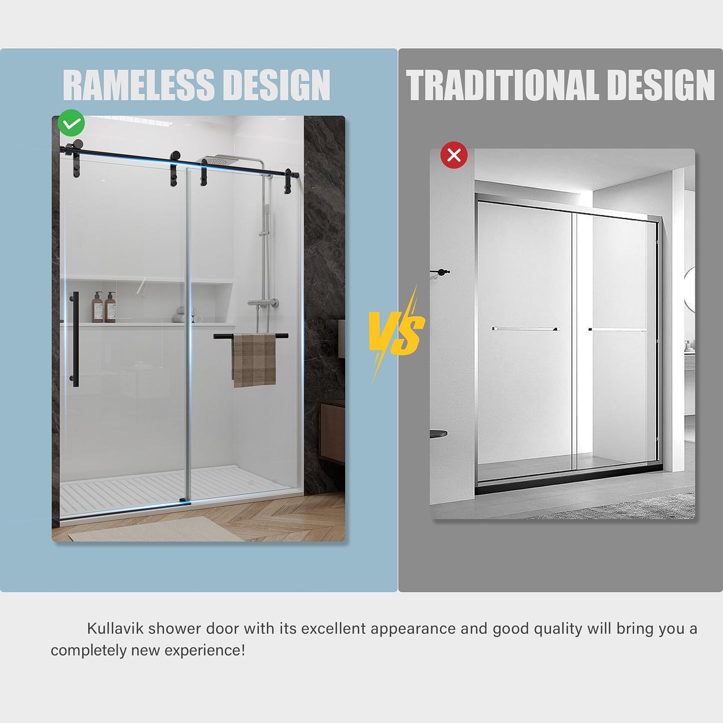 Shower Door 56-60" W × 76" H Glass Shower Door,Frameless Shower Door with Handle and Seal Strip for Waterproof,Sliding Shower Door in Stylish and Modern,Black