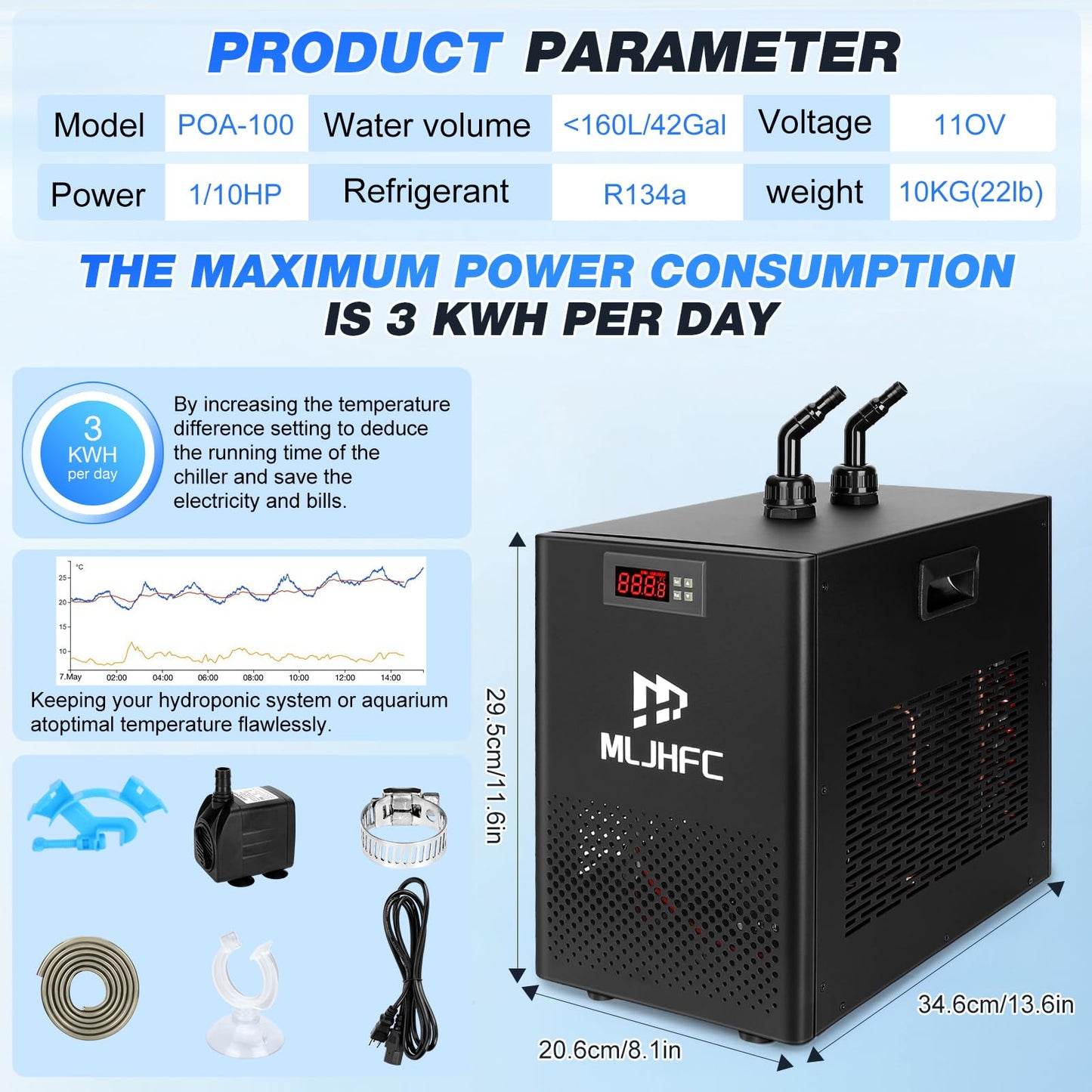 MLJHFC 42Gal Aquarium Chiller 1/10 HP 160L Quiet Compressor Refrigeration Hydroponic Cooling System Suitable for Aquariums Salamanders Coral Reefs Jellyfish