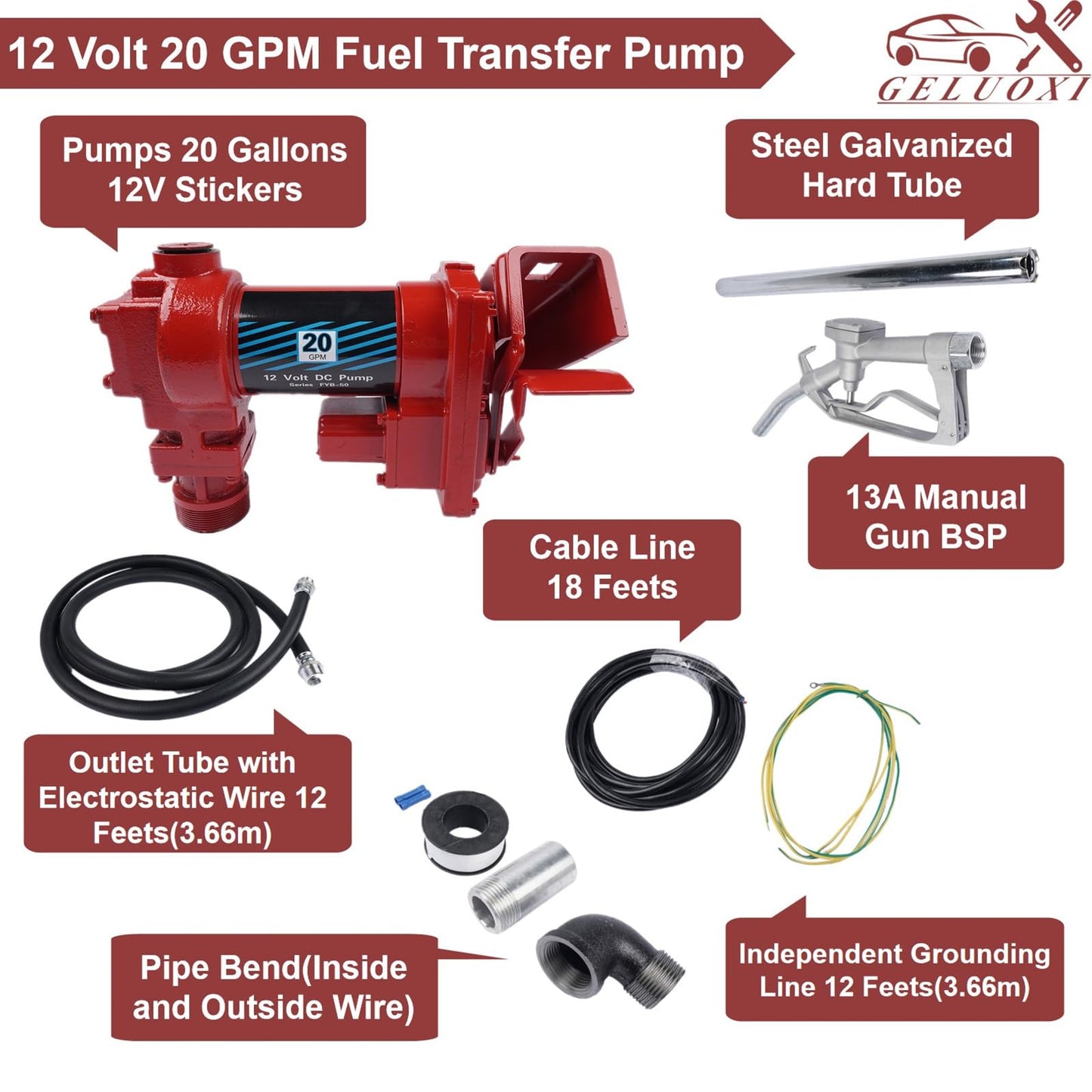 Fuel Transfer Pump, 12 Volt 20 GPM, with Nozzle Kit for Transfer of Gasoline, Diesel, Kerosene, Ethanol & Methanol Blends & Biodiesel Red (Fuse Required More than 50Amp)