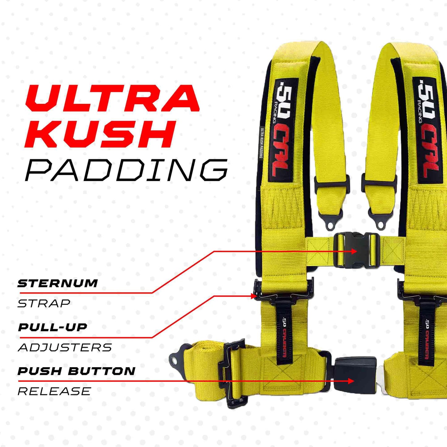 1pc 4 Point Harness for Bucket Seat, Push Release, 10 Color Options, Racing Harness, Race Car, Off Road, UTV, RZR (Yellow, 2 inch) [6038]