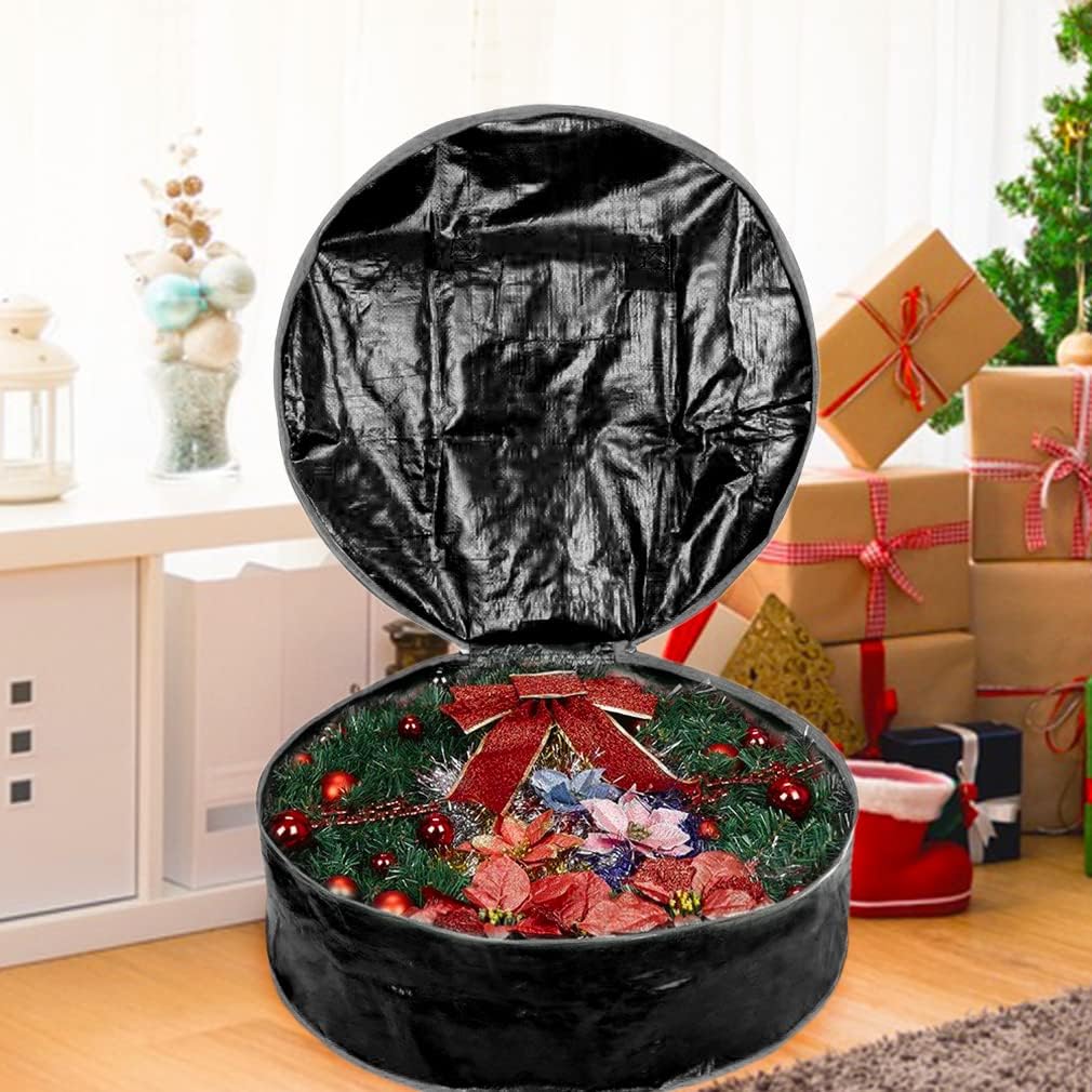 Propik Wreath Storage Bag - Tear-Resistant Holiday Garland Container with Heavy-Duty Handles | 24” x 24” x 8” (Black)