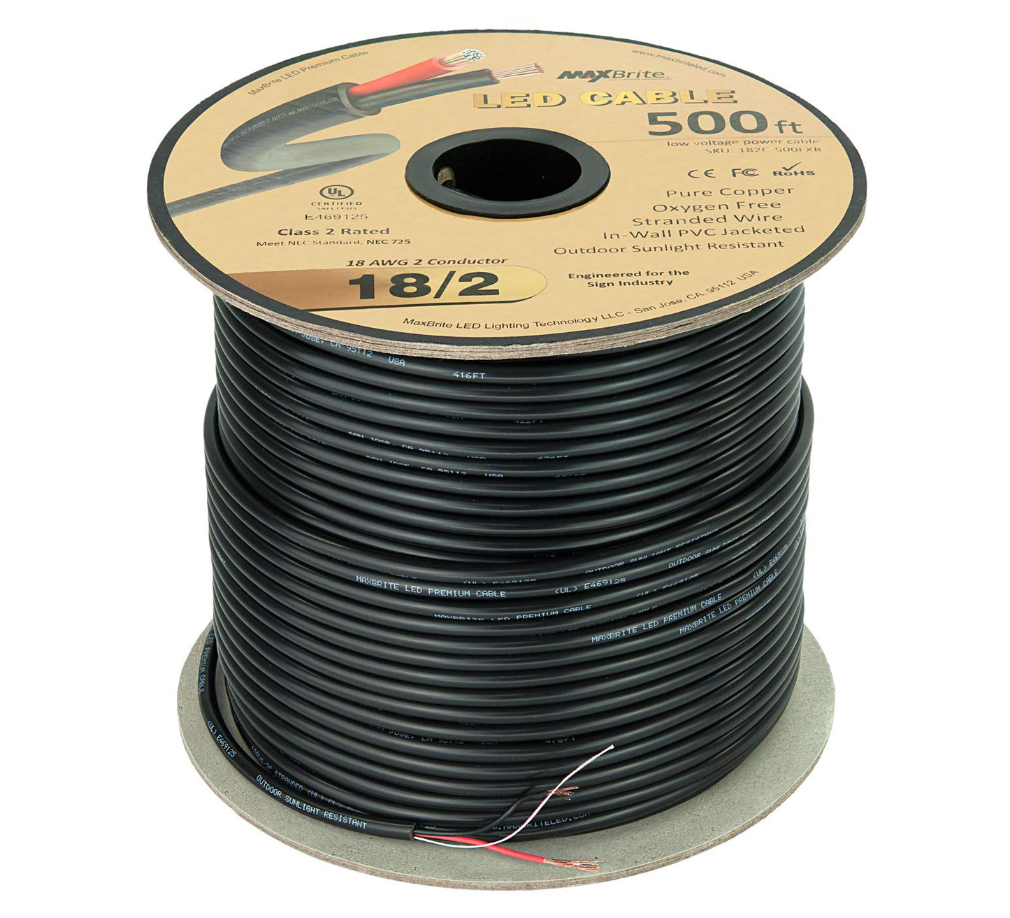 500 ft. 18AWG Low Voltage LED Cable, 2 Conductor, Outdoor Rated, Black Sleeve in-Wall Speaker Wire UL Certified Class 2, Sunlight Resistant