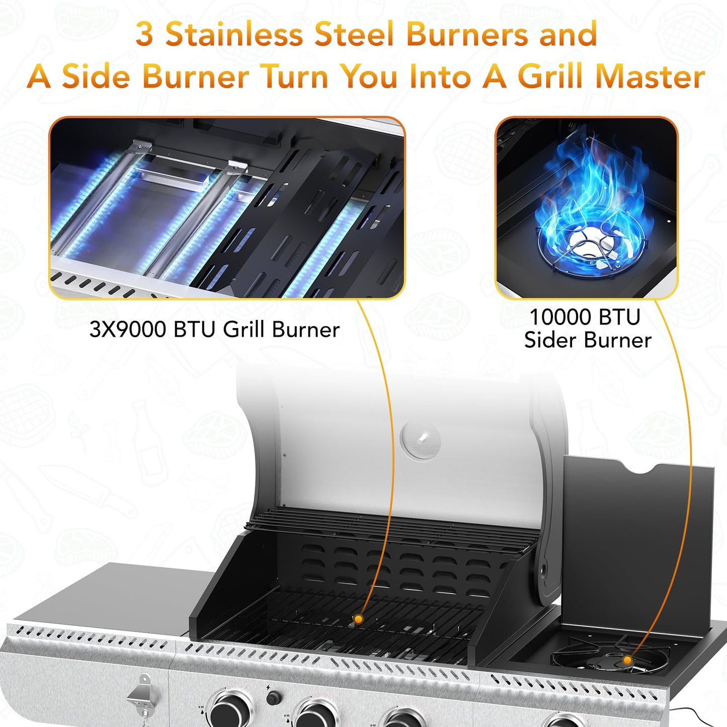 3-Burner Propane Gas Grill with Side Burner,Stainless Steel BBQ Grill with Porcelain-Enameled Cast Iron Grates,37000 BTU Barbecue Grill, Suitable for Patio,Camping,Outdoor Cooking