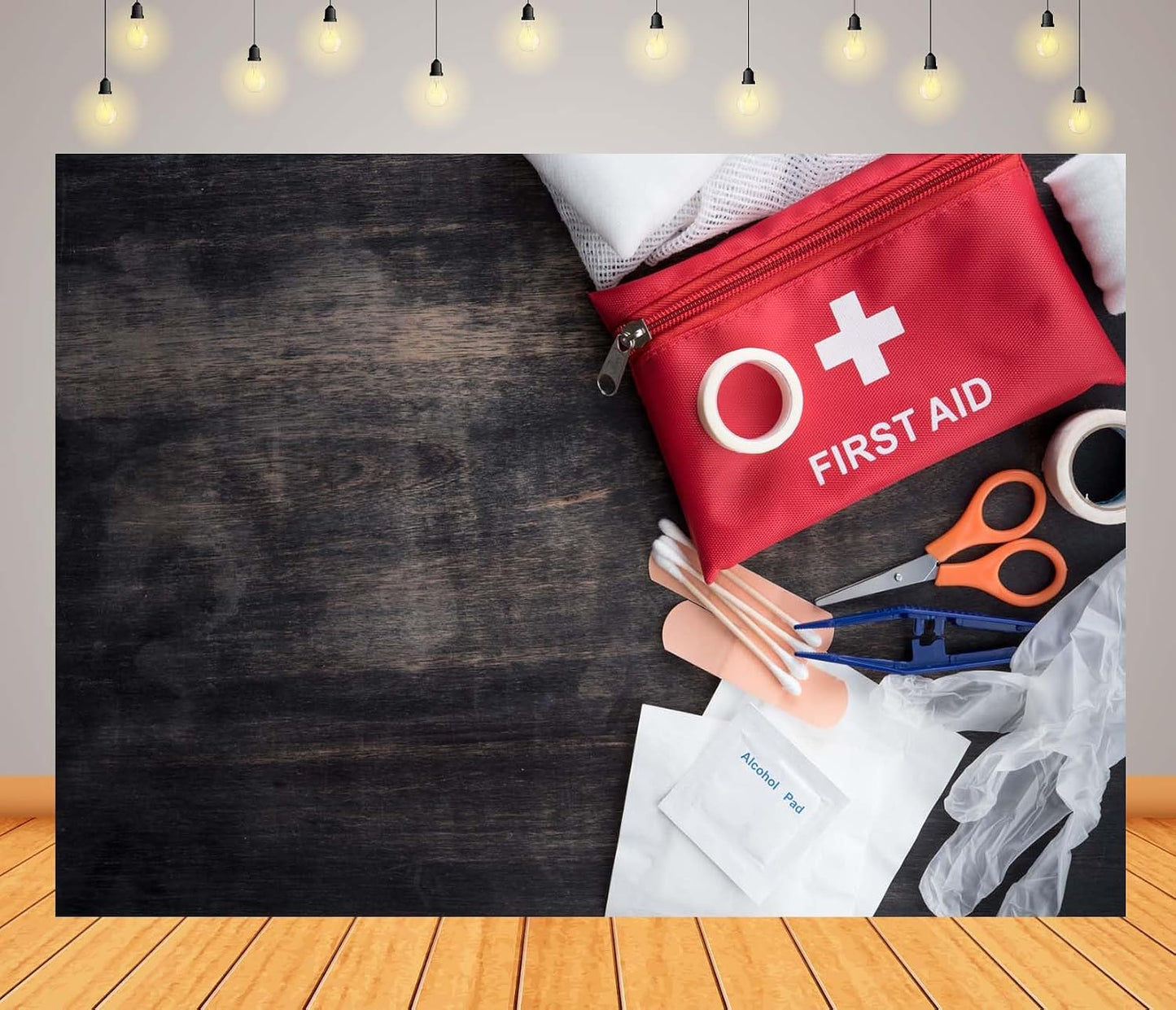 BELECO 7x5ft Fabric Medical Healthcare Backdrop First Aid Medical Kit on Brown Wooden Board Background Doctor Nurse