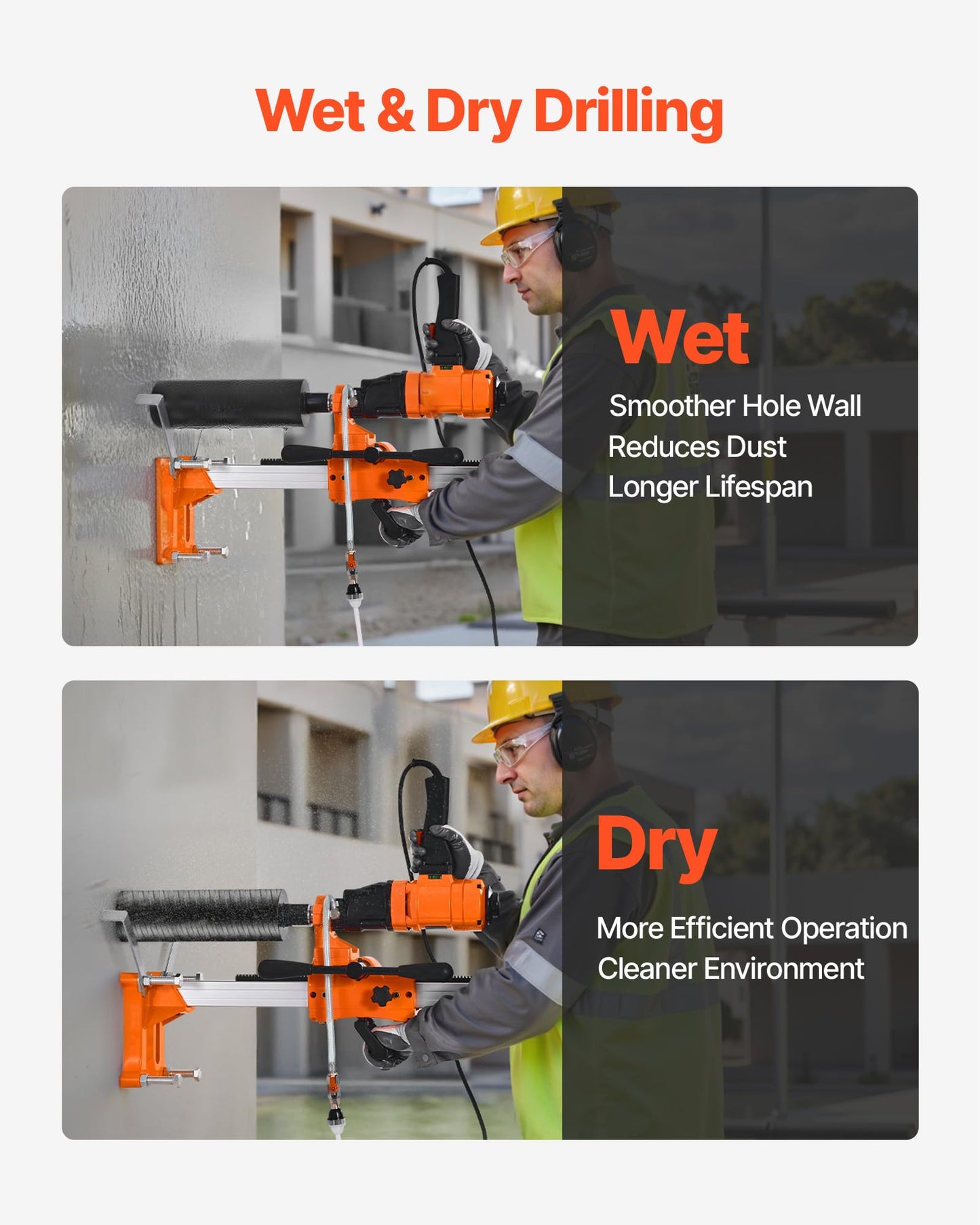 VEVOR Diamond Core Drilling Machine, 8 in Drilling Diameter, 2-in-1 Handheld & Stand-Mount Dry and Wet Concrete Core Drill Rig with 4 Drill Bits, 1075/2300 RPM 2-Speed, for Concrete Brick Stone, 1800W