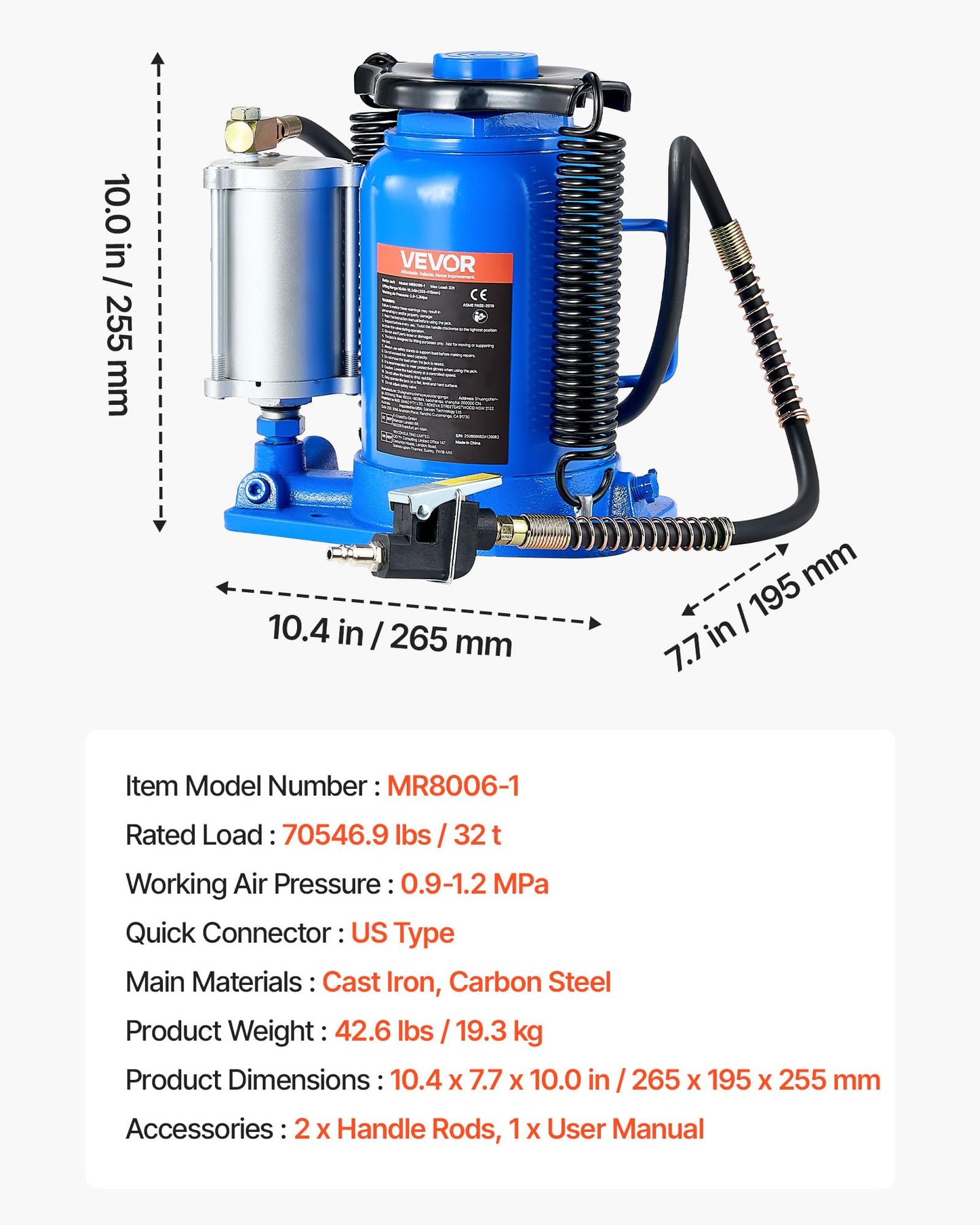 VEVOR Air Hydraulic Bottle Jack, 32 Ton/70500 LBS, Hydraulic Floor Car Jack with Manual Hand Pump, Heavy Duty Pneumatic Bottle Jack Hoist for Auto Truck Travel Trailer Repair Lift