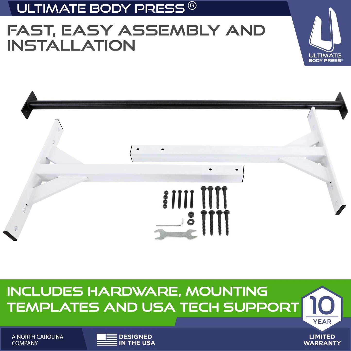 Wall or Ceiling Mount Pull Up Bar with 48” Straight Bar and 22” Risers, Double Wall Mounting Plates Fit 16” or 24” Studs and Joists by Ultimate Body Press