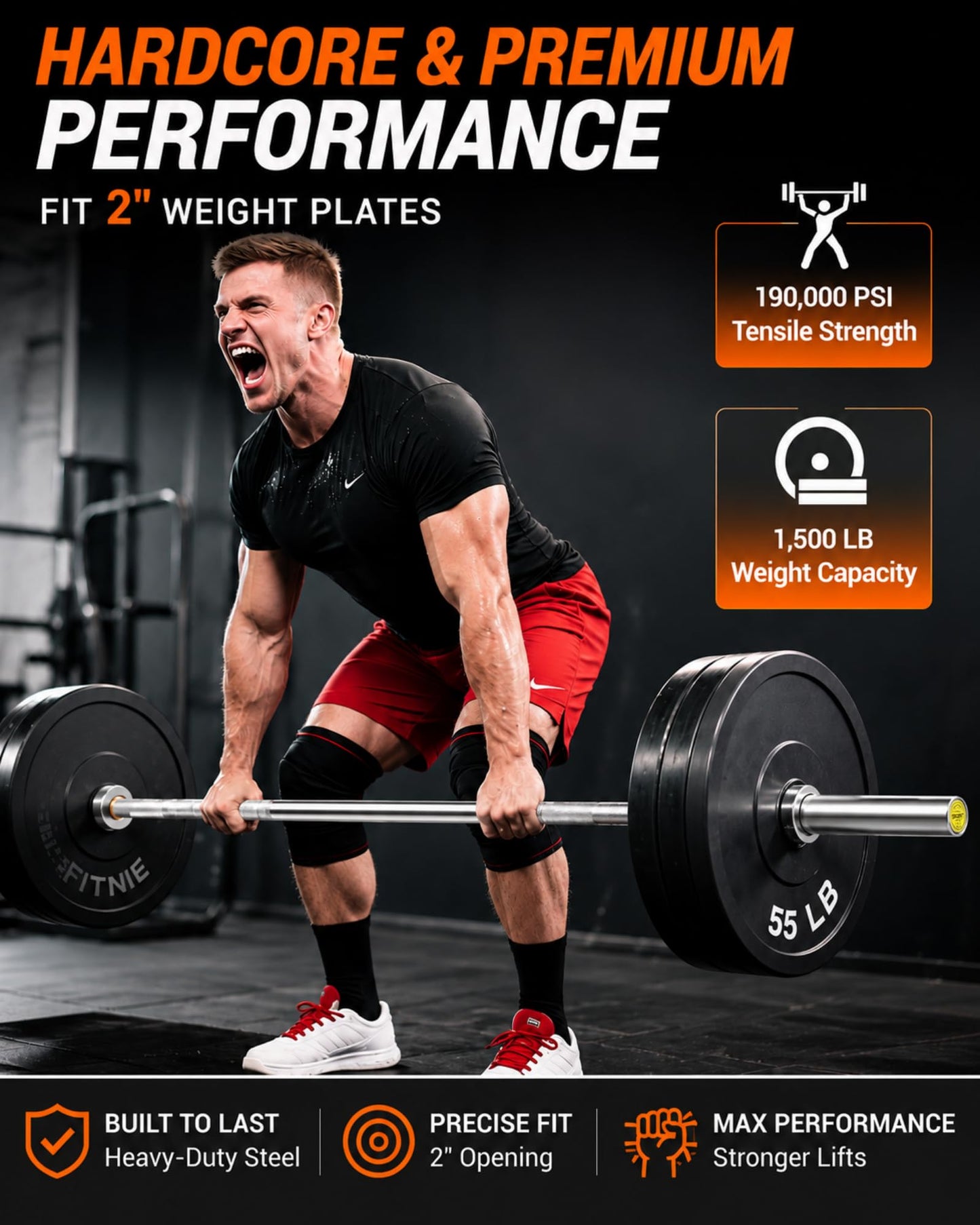 7ft Olympic Barbell 20kg/44Lbs, 1000LB Weight Capacity, 190K PSI High Tensile Strength Weightlifting Bar with 2-Inch Sleeves & 8 Needle Bearings for Home Gym Strength Training