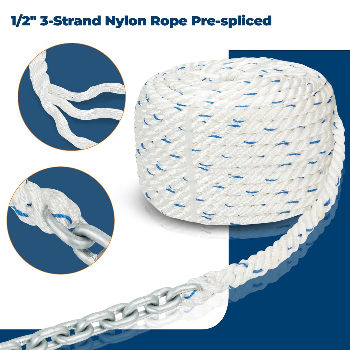 FUCNEN Windlass Anchor Rode Rope/Chain, 1/2" Anchor Line 100ft with 1/4" Hot-Dipped Galvanized G4 Chain 10ft and Swivel Connector Kit, 3-Strand Nylon Rope