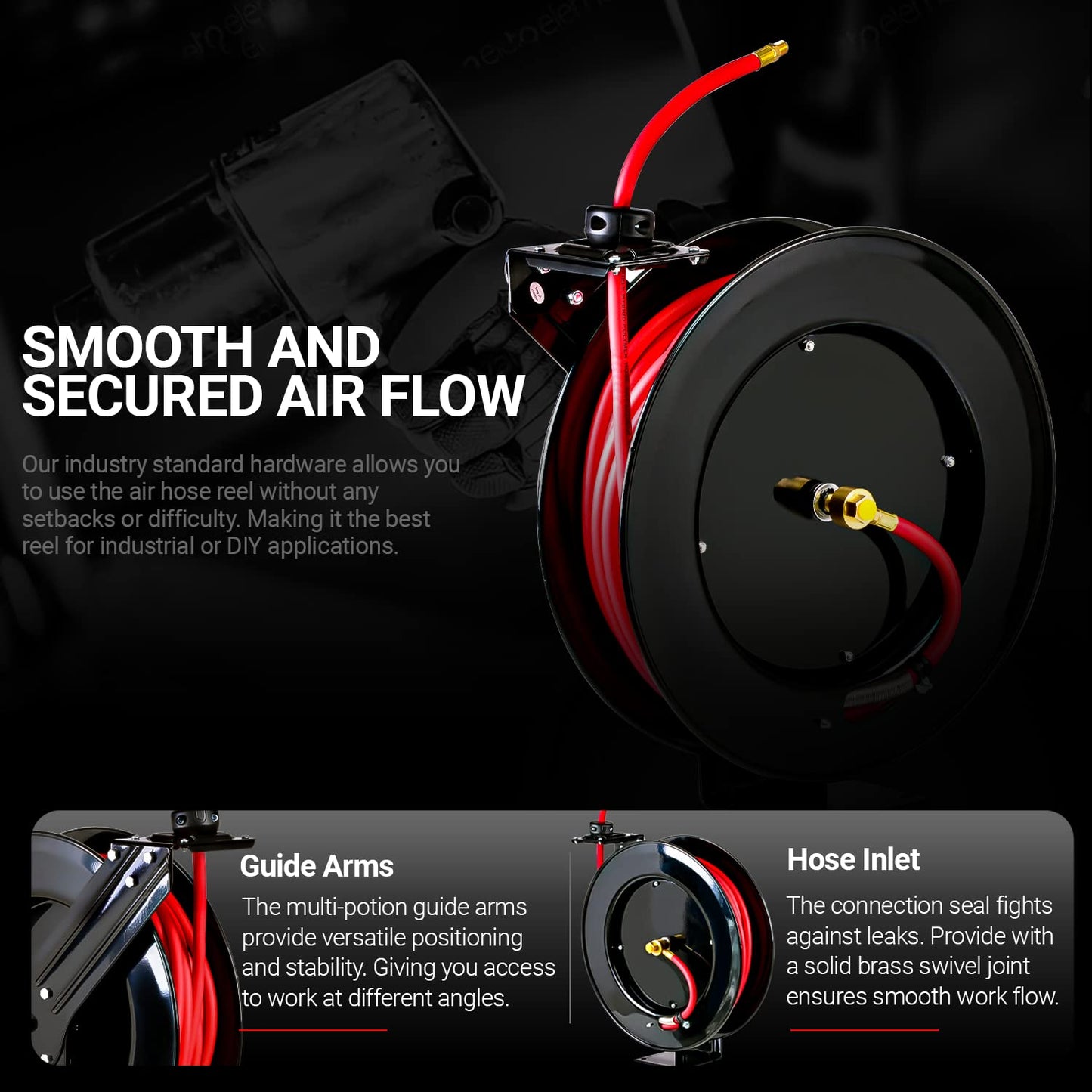 ReelWorks Air Hose Reel Retractable 3/8" Inch x 80' Foot Max 300PSI Longest Ever Hybrid Polymer Hose Industrial Steel Construction