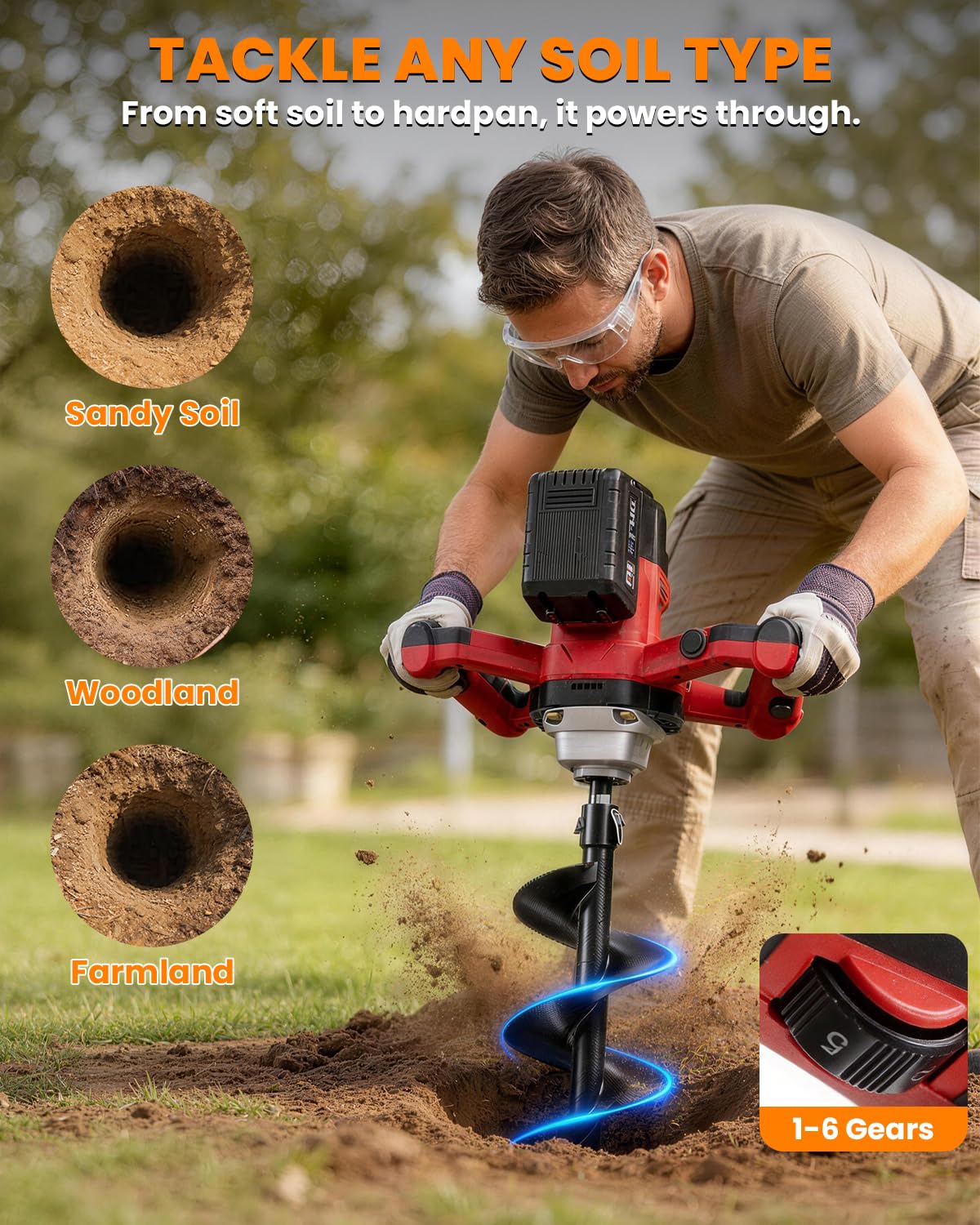 Cordless Post Hole Digger with 2x4.5Ah Batteries & Dual Chargers, 1200W 42V Brushless Earth Auger for Fence Post with 6" Drill Bit, 85Nm High Torque Electric Hole Digger for Hard Soil