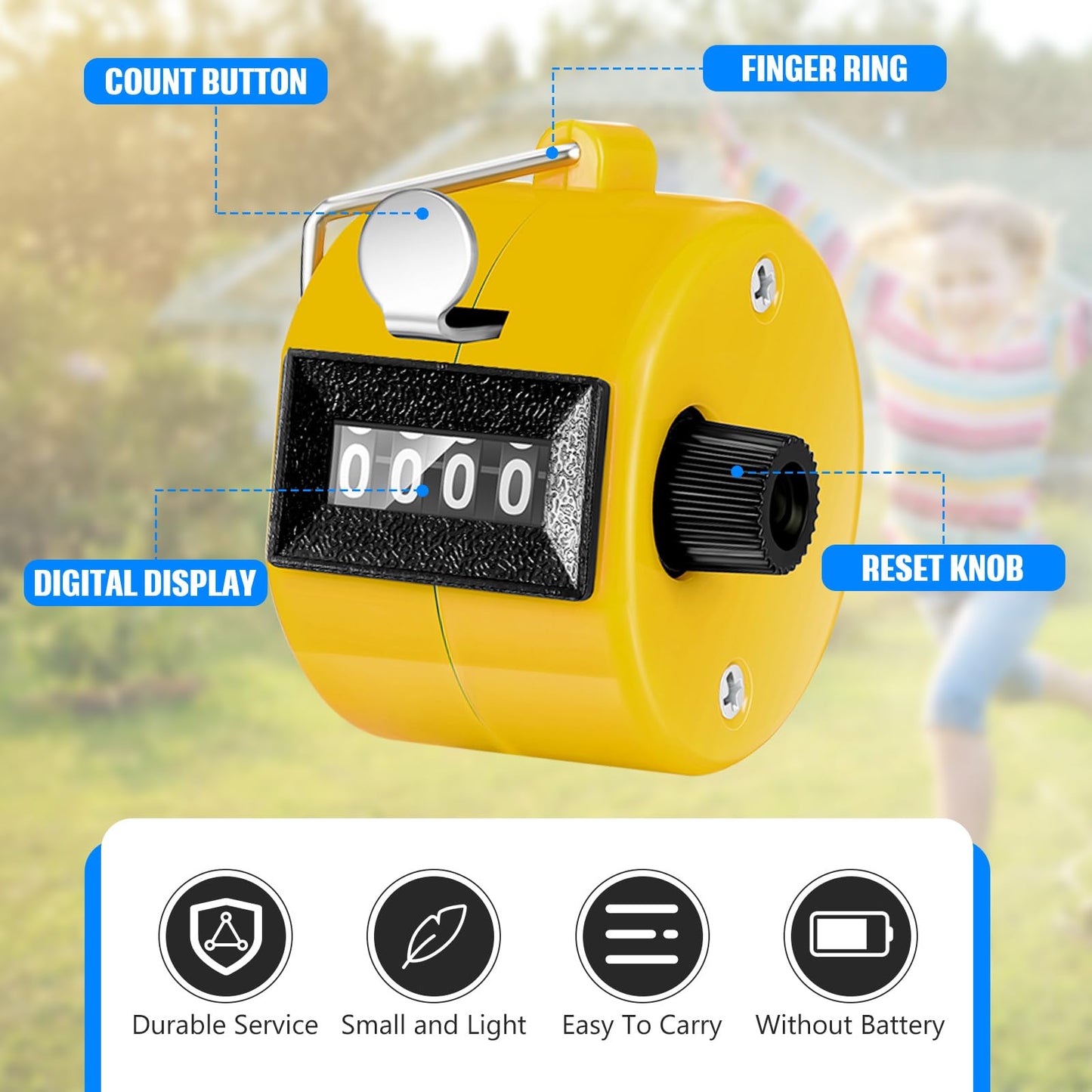 TOODOO 6 Pack Hand Tally Counter 4 Digit Mechanical Palm Clicker Plastic Hand Held Counter Clicker with Metal Finger Ring for School Golf Sports Events Office Stadium(Yellow)