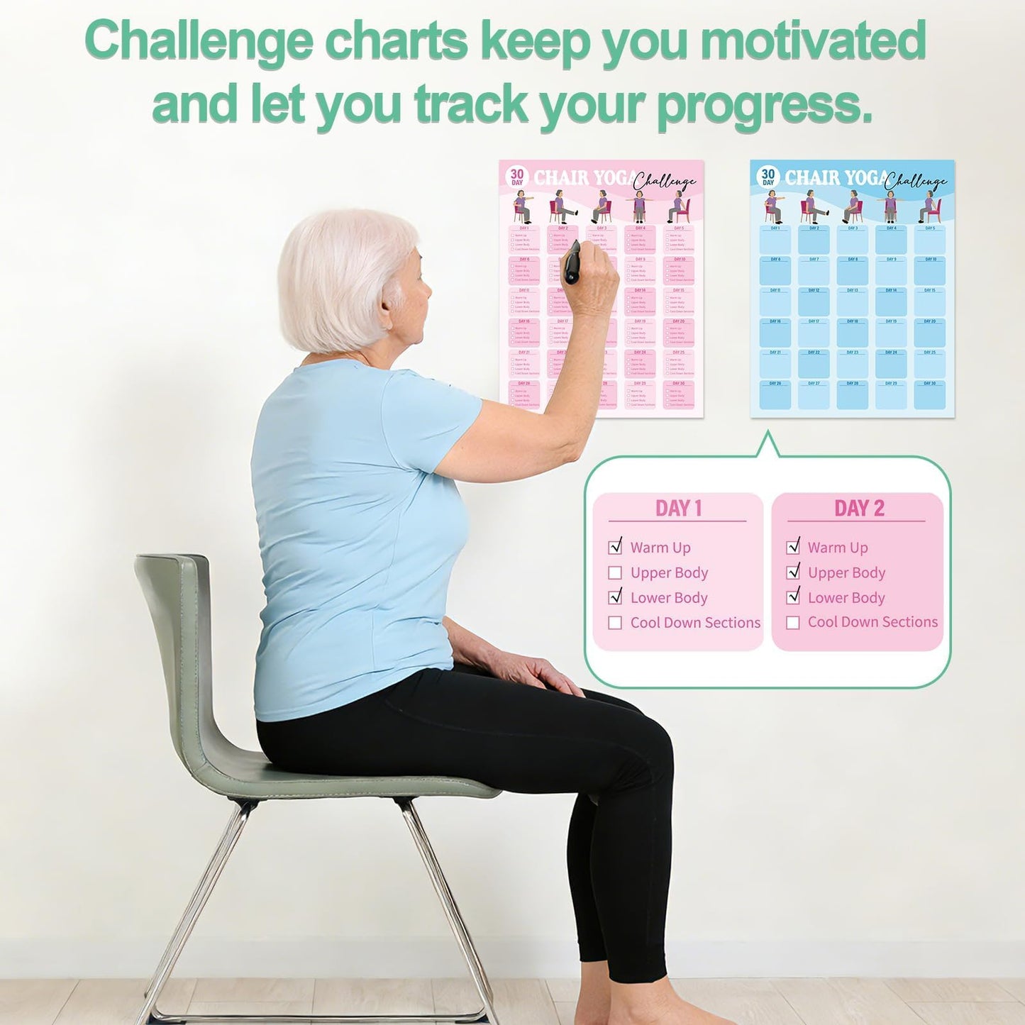 10Pcs Chair Yoga Poster for Seniors Beginners-Set of 8 Illustrated Guides & 2 30-Day Challenges Stretching and Gentle Chair Yoga Chart Wall Art For Balance Flexibility Weight Loss(11 x 8.7 Inch）