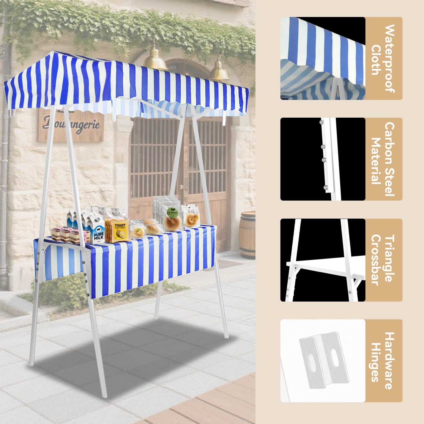WEWLINE White Portable Display Stand for Party Decor, Birthday, Wedding, Celebrations, Commercial Events, Foldable Vendor Stall, Metal Drink & Gift Holder with Waterproof Canopy, Indoor and Outdoor