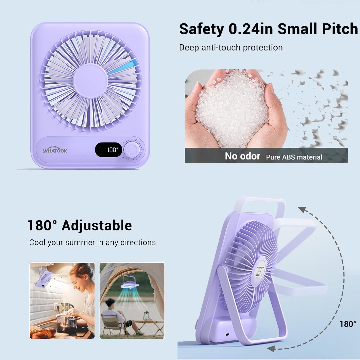 WHATOOK Desk Fan 2 Pack: 100 Speeds Stepless Control 2000mAh Battery Operated Portable Fan, Rechargeable Table Fan for Cruise Ship Essentials, Gift for Couples, Dorm, Office, Bedroom(Black and Purple)