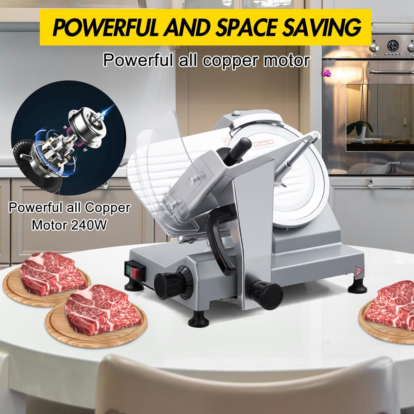 GarveeLife 240W Commercial Electric Meat Slicer, 10-inch Stainless Steel Semi-Auto Food Cutter, 0-12 mm Adjustable Thickness with Precision Control, Safe & Efficient for Deli, Restaurant & Kitchen Use