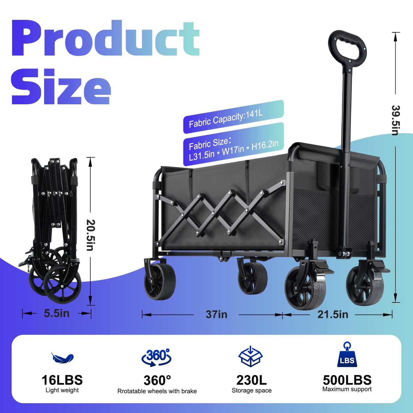 500LBS Collapsible Wagon Cart Foldable - 230L Large Heavy Duty Utility Cart with 360°Swivel Brake Wheels, Lightweight Collapsible Wagon for Groceries Camping & Beach