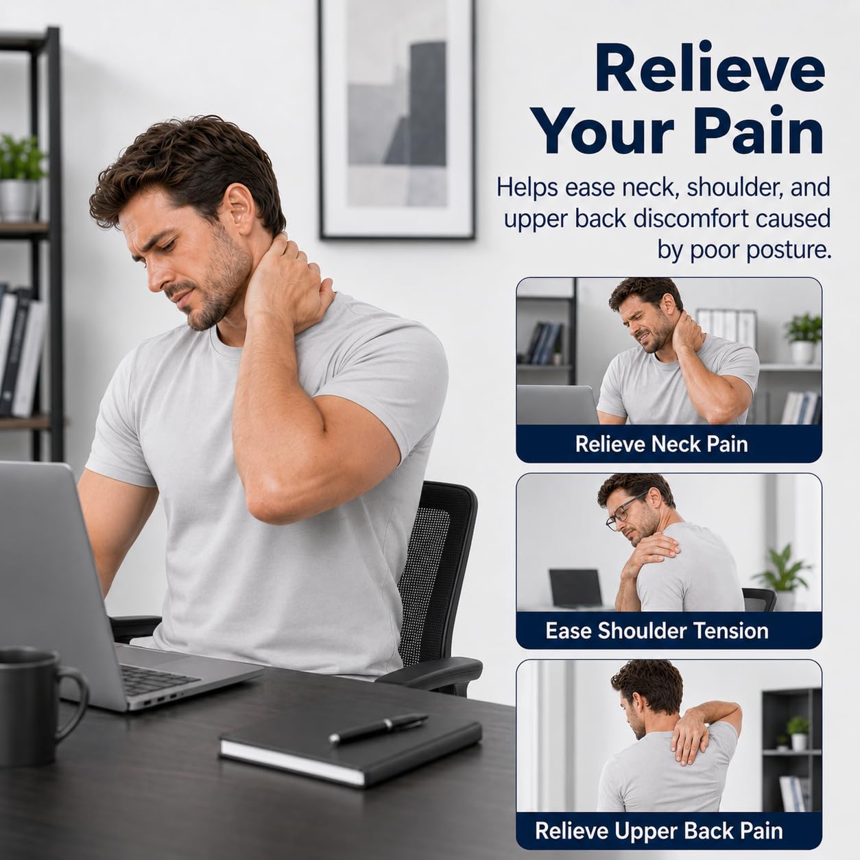 Posture Corrector for Men, Adjustable Upper Back Brace with Breathable Mesh Back, 4 Flexible Support Stays & Underarm Fit Adjustment, Back Straightener Helps Reduce Slouching Strain for Desk Work, Sitting, Reading & Posture Training