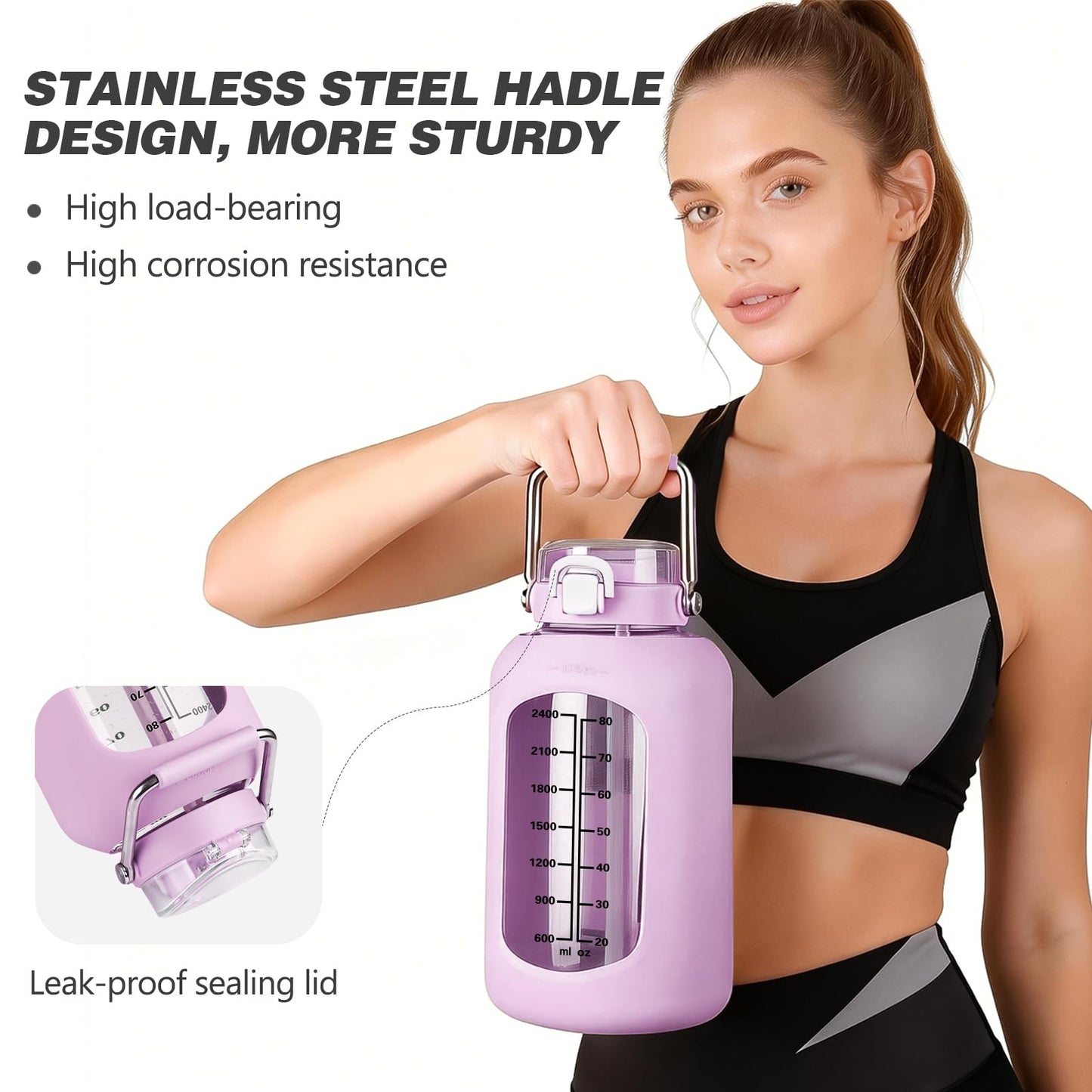 MUKOKO 100oz Glass Water Bottle with Time Marker and Silicone Sleeve 3L Large Water Jug with Stainless Steel Handle Gallon Drinking Bottle with 2-in-1 Lid Wide Mouth BPA Free, Purple